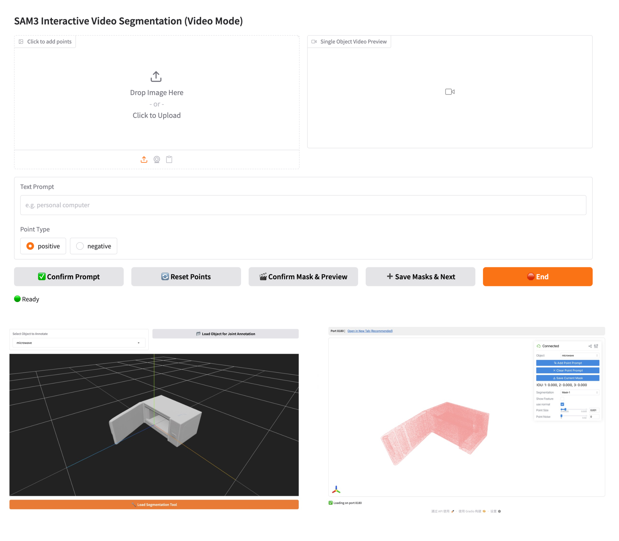 Figure 17: Interactive scene construction GUI. Our Gradio-based interface covers the full scene construction pipeline from 2D mask annotation to 3D articulated asset preparation.