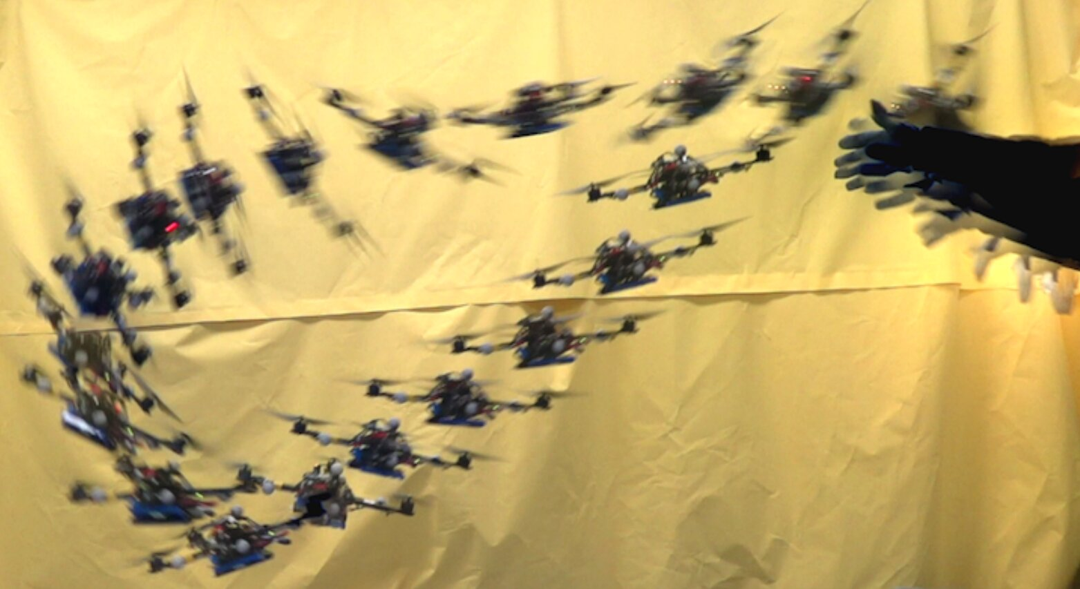 Figure 8: An RL-trained quadrotor recovering from an inverted throw at 5\,\text{m/s}. The policy maps state to motor commands at \require{upgreek}
7\,\upmu\text{s} per step, establishing the viability of learned end-to-end drone control. Reprinted with permission from Ref. [131]. Copyright 2017, Hwangbo et al., IEEE.
