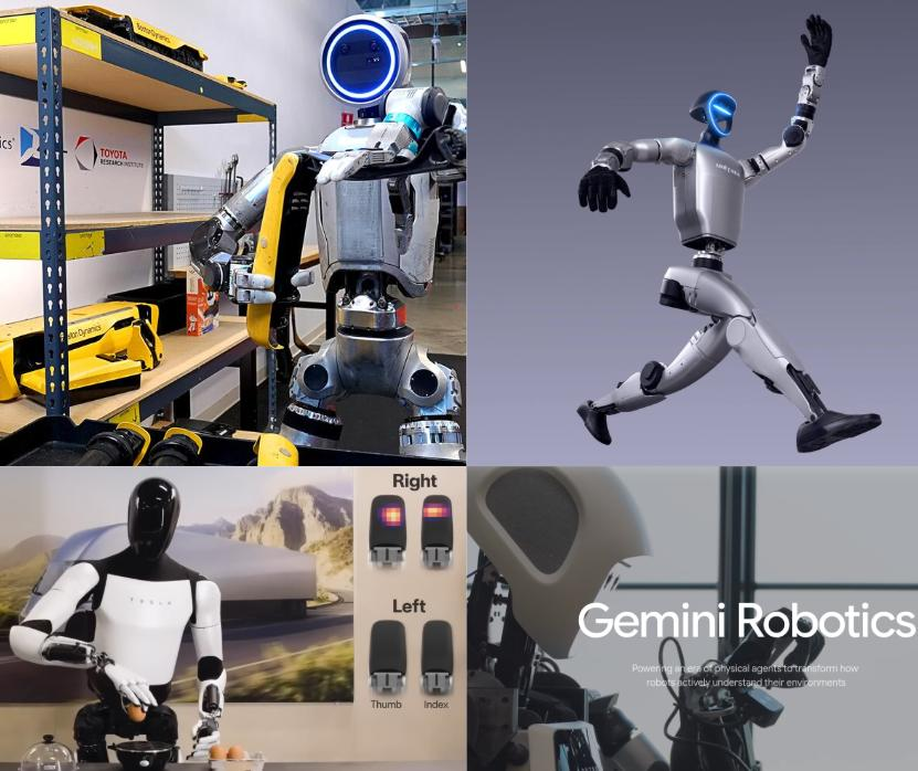Figure 12: Industrial VLA-powered humanoid robot systems. (a, top left) Boston Dynamics Atlas with TRI Large Behavior Model performing warehouse manipulation. Reprinted with permission from Ref. [176]. Copyright 2025, Boston Dynamics and Toyota Research Institute. (b, top right) Unitree humanoid executing dynamic whole-body control (image courtesy of Unitree Robotics). (c, bottom left) Tesla Optimus humanoid with dexterous hands for general-purpose manipulation. Reprinted with permission from Ref. [177]. Copyright 2025, Tesla AI. (d, bottom right) Google DeepMind Gemini Robotics, which integrates actions as a native Gemini modality for dexterous manipulation and general-purpose robot control. Reprinted with permission from Ref. [169]. Copyright 2025, Google DeepMind.