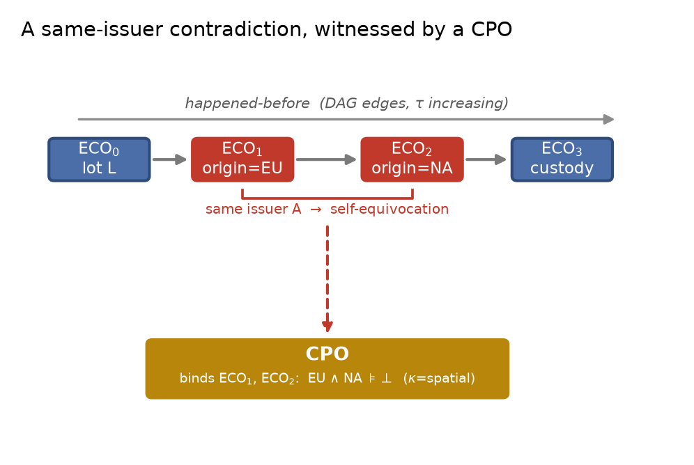 Figure 1: Signed claims (ECOs) form a causally ordered, append-only DAG whose edges are happened-before relations. A single issuer’s two claims about one subject (lot L) assert incompatible origins; because both carry that issuer’s valid signatures, any observer can compile a CPO—a self-verifying witness that \mathrm{origin}(L){=}\text{EU} \wedge \mathrm{origin}(L){=}\text{NA}
\models \bot. The CPO proves the contradiction unconditionally; it pins blame only when §5 resolves determinate fault—here, self-equivocation by one issuer. A contradiction between two different issuers would be equally provable but need not be attributable, and may resolve to \bot.
