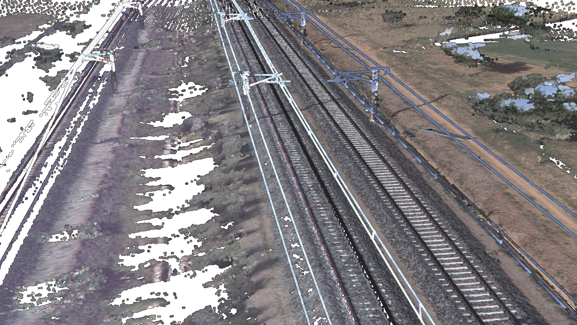 Figure 1: Point clouds of a multitrack railway corridor acquired using a train-mounted MLS system. Data courtesy of Esri India.