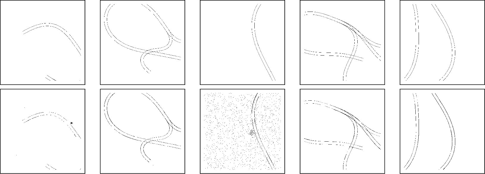 Figure 2: Synthetic training examples. The top row shows the original noiseless track rasters; the bottom row shows the corresponding distorted rasters with added noise. Each column pairs the same layout before and after corruption.