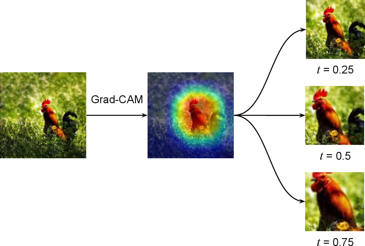 Figure 3: By applying different values of the salience threshold t, we can obtain different cropped images. The larger the threshold value, the more radical the cropping.
