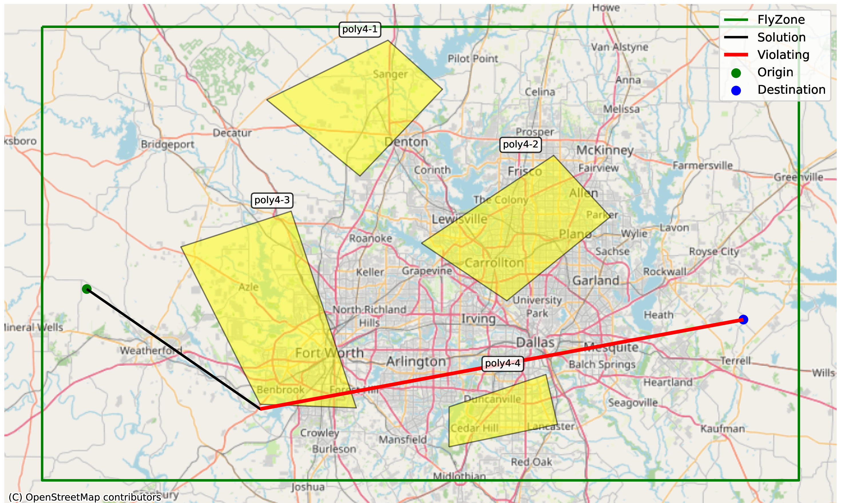 Figure 8: Medium scenario, minimize distance preference. The generated image of the flight plan.