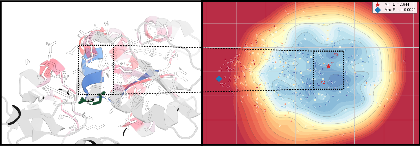 Figure 6: Mapping the energy surface in protein structures using 2A5S (14 amino acids, pocket-region ligand-bound structure) as an example. The reconstructed energy space maps the contact potential of the real conformation by Euclidean distance, showing how the energy surface guides folding. In the left panel, red indicates high-energy regions and blue indicates low-energy regions. Because high-energy regions are already occupied by other atoms, the real conformation avoids them and instead lies in the blue low-energy region.
