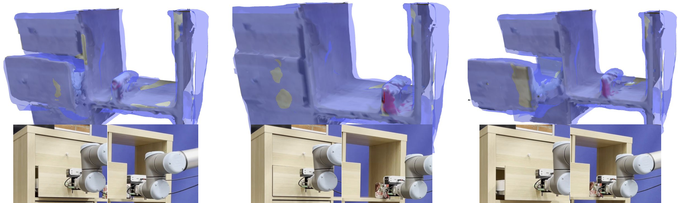 Figure 12: Input meshes and reconstructions produced by the proposed method. Snapshots from robot motion corresponding to key grasp poses are shown right below the reconstructions. The reconstructed surfaces (shown in blue) capture the drawer openings and box positions, supporting motions that enable successful grasps of the drawer handle and the box.