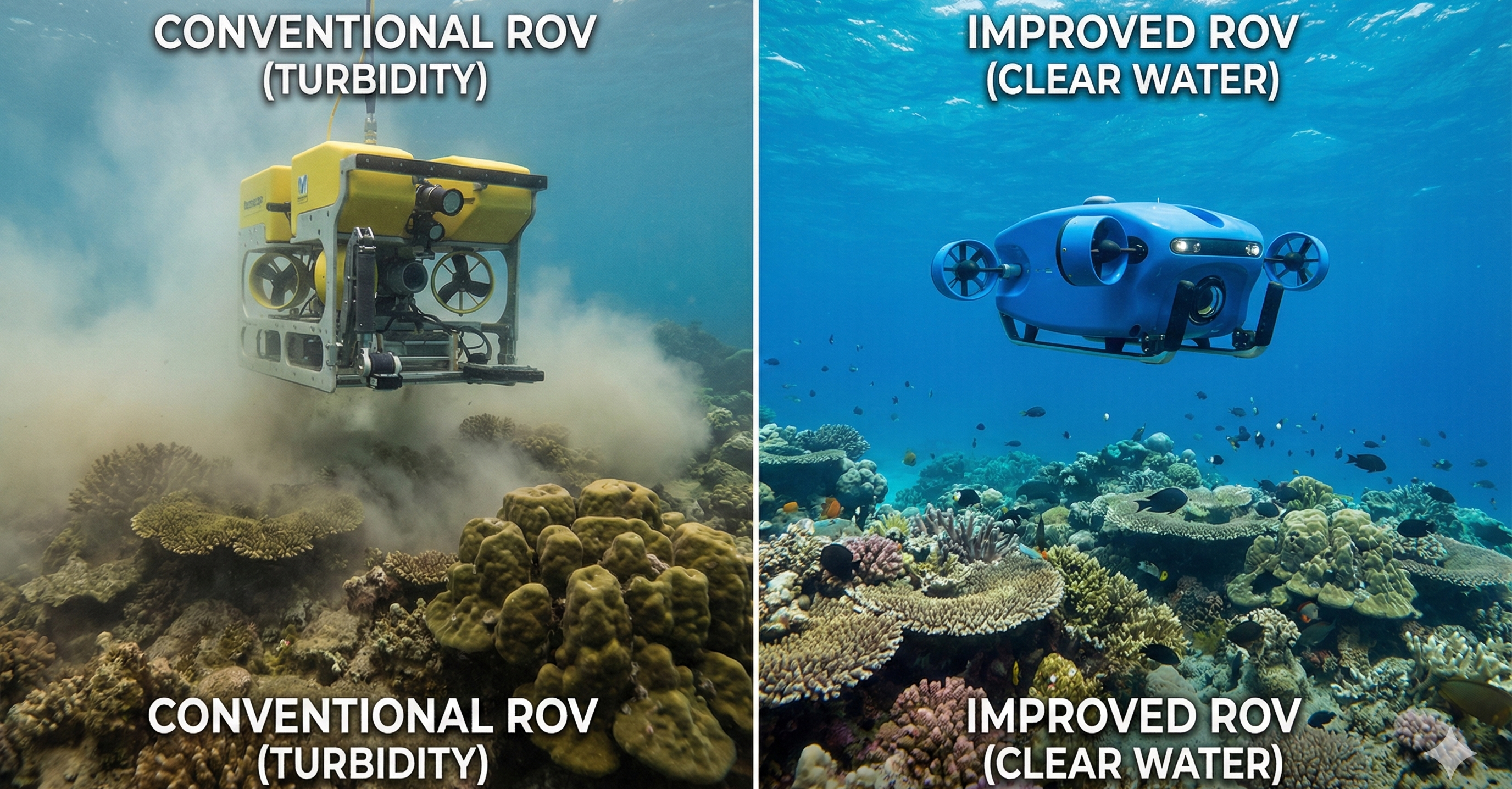 Figure 1: Thruster-induced disturbance comparison. (a) Conventional ROV with sediment resuspension. (b) The ideal method maintains clear visibility.