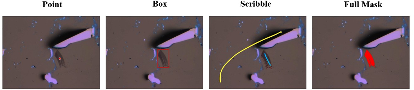 Figure 1: Annotation types illustration. We visualize four common annotation regimes for flake segmentation: point, box, scribble, and full mask. Point and box annotations are placed on the foreground flake region, while scribble provides sparse strokes along the object structure; the full mask serves as the dense supervision reference.