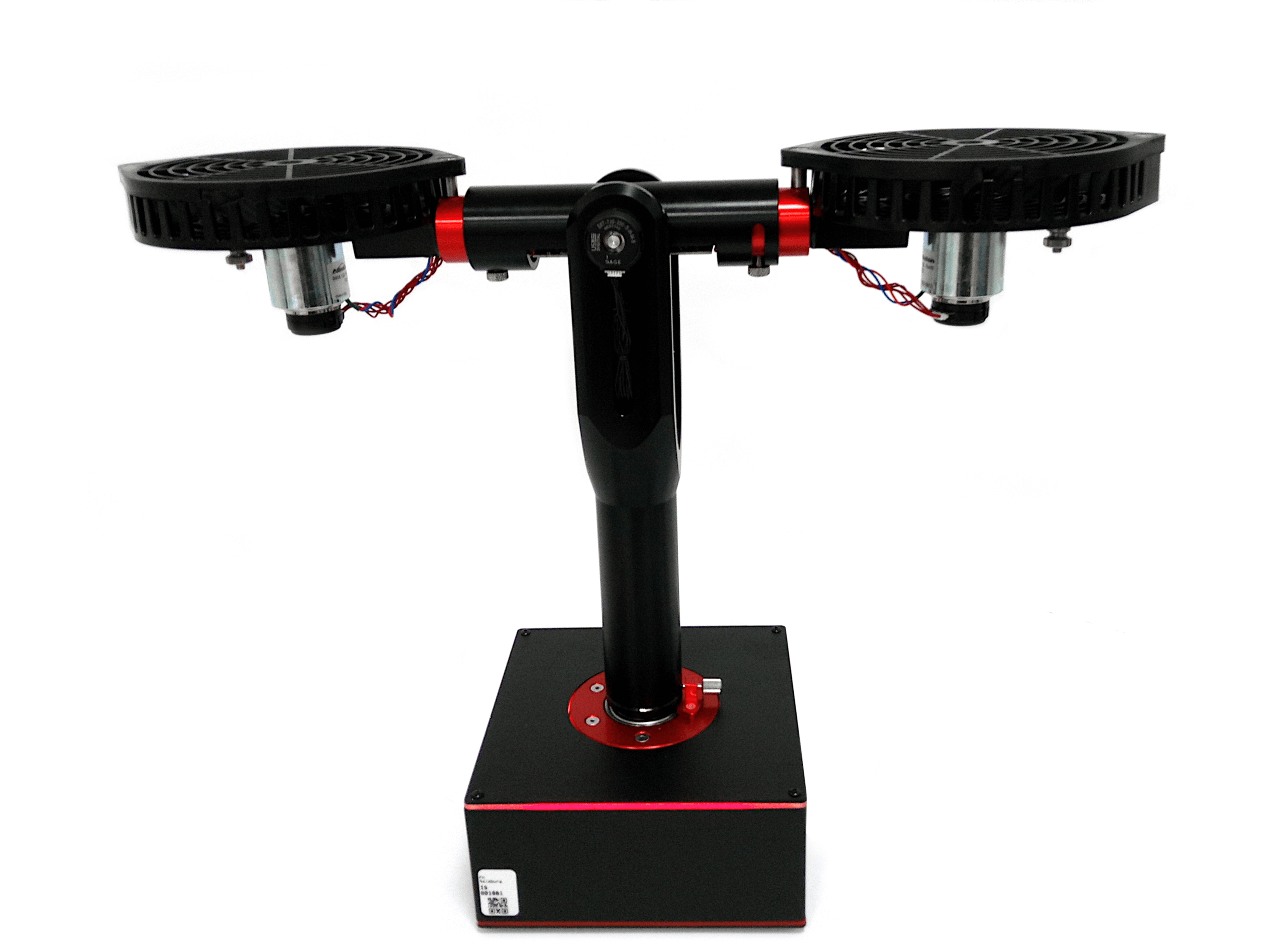 Figure 3: The Quanser Aero 2 experimental setup. The system is configured for 1-DOF pitch control via horizontally mounted motors, with mechanical pitch limits of \pm60^\circ.