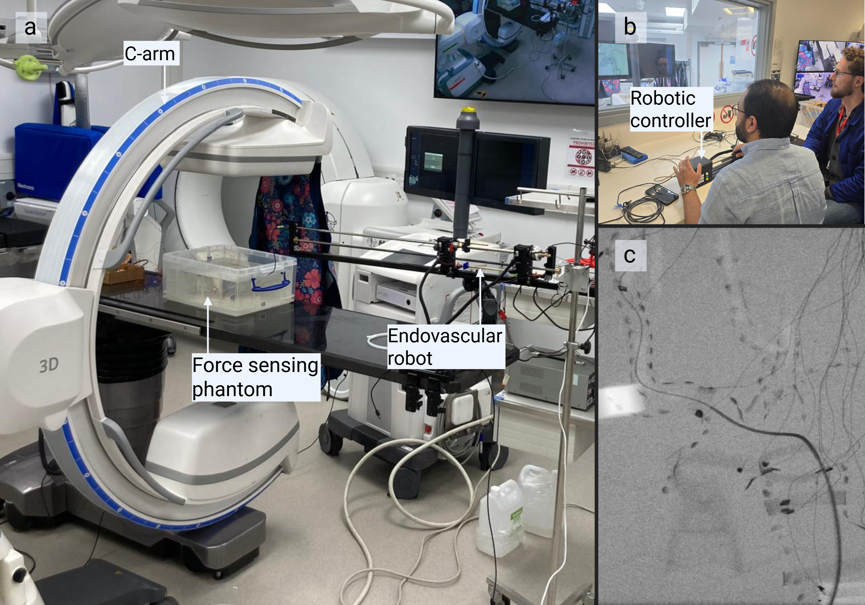 Figure 4: Experimental setup. (a) The robotic system and vascular phantom positioned in a mock angiography suite with a Siemens mobile C-arm (Siemens Healthineers, Erlangen, Germany). (b) Control room showing a participant operating the teleoperated robot via the custom interface. (c) Example fluoroscopic image acquired during navigation. Barium deposits are added to the phantom to enhance visualization of the vascular lumen.