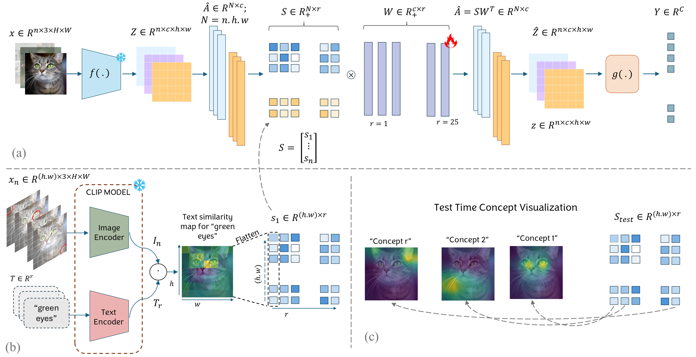 Figure 2: LAD framework. (a) An input image is processed through a pretrained encoder f(\cdot) to obtain latent activation maps, divided into spatial patches and arranged into a matrix \bar{A} \in \mathbb{R}^{N \times p}. (b) Using CLIP-based semantic priors, the concept similarity matrix S is fixed as the coefficient matrix while the basis W is learned through a language-anchored reconstruction \bar{A} \approx S W^{\top}; the reconstructed activations preserve spatial coherence and predictive alignment with the classifier head g(\cdot). (c) At inference, the estimated concept activations yield interpretable spatial maps and class-specific concept importance vectors.