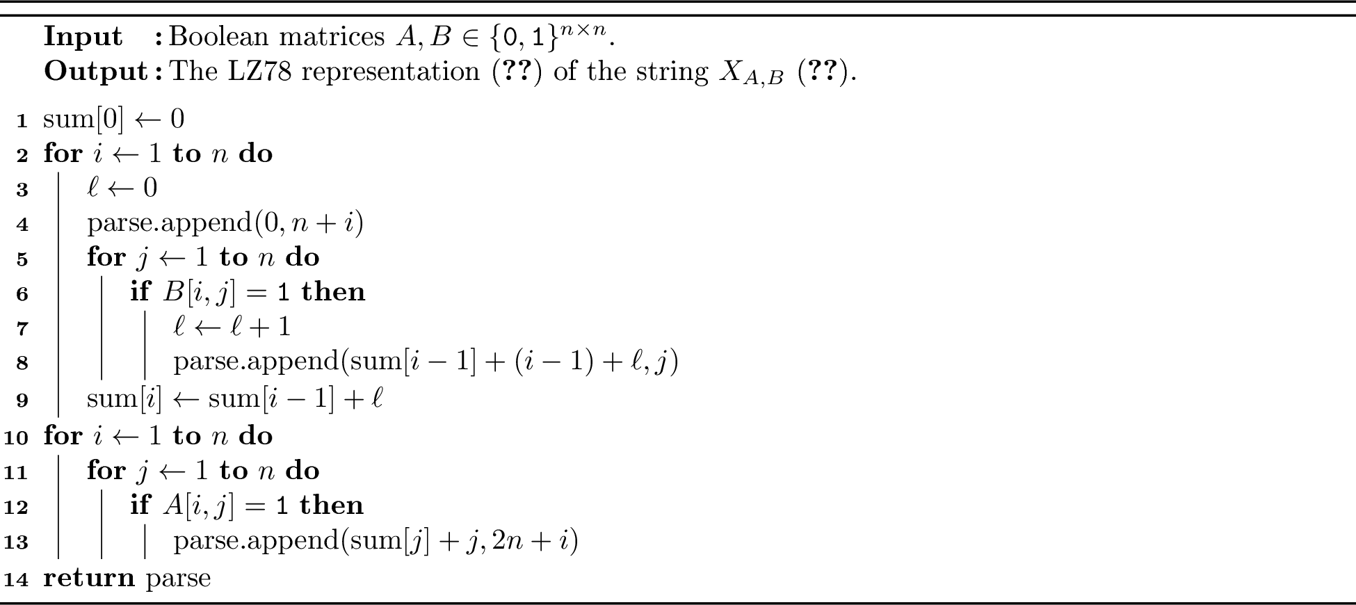 Figure 3: Computing the LZ78 representation of the string X_{A,B} (11).