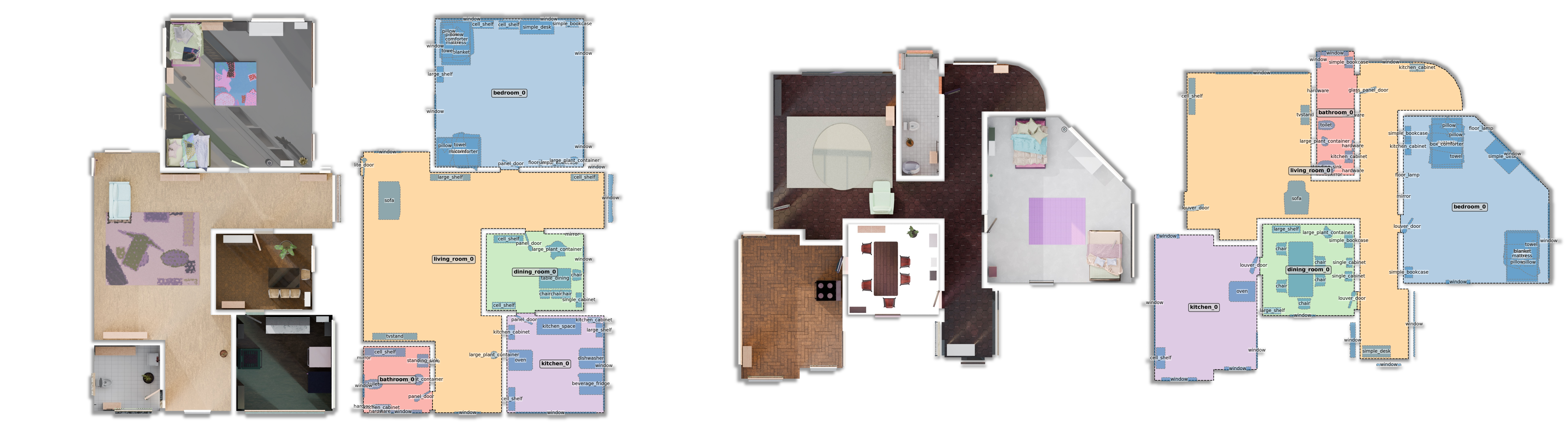 Figure 9: Floorplan canvas of the spatial-computing skill. Each pair shows a top-down rendering (left) and the corresponding symbolic floorplan with room and instance labels (right). Open-vocabulary references are grounded against this canvas, and the skill evaluates Eq. 1 on its room polygons and instance bounding boxes.