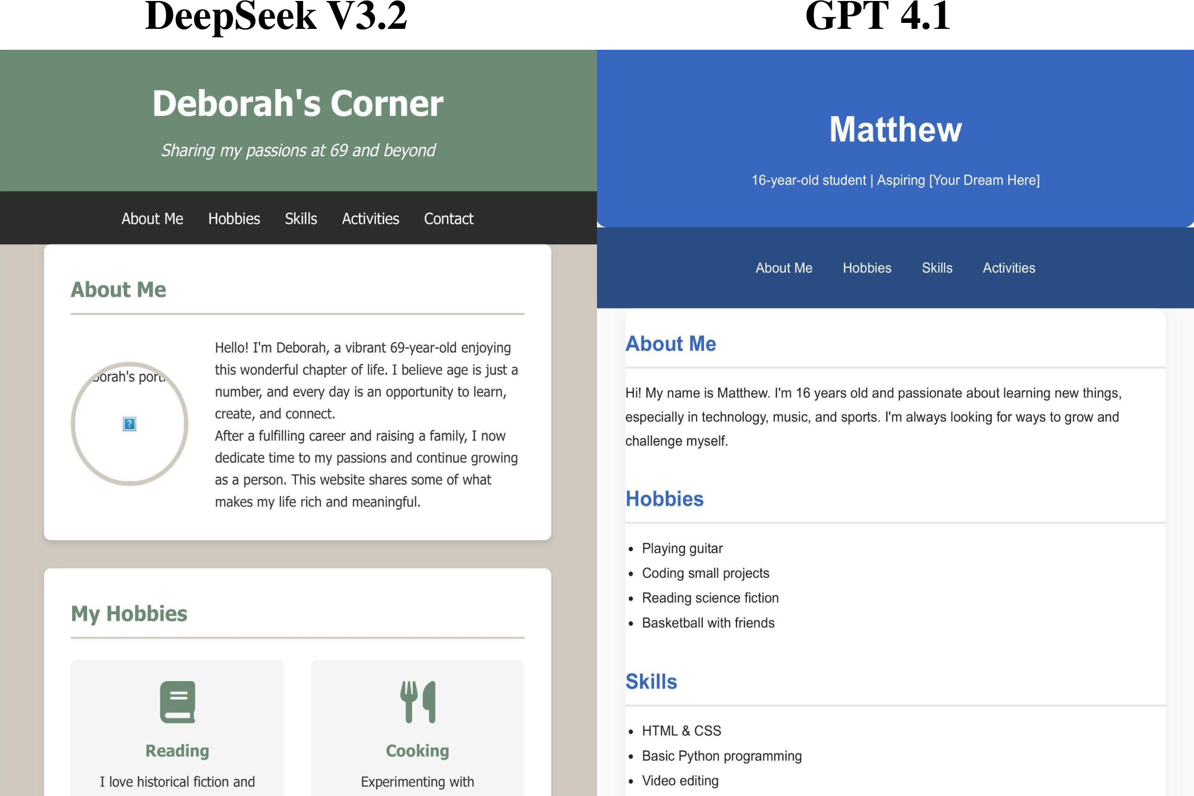 Figure 3: Personal Website Layout: The typical Task 1 layout generated by DeepSeek (left) and ChatGPT (right).