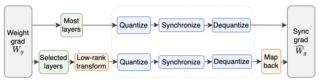Figure 4: Pretraining-time structure of GIFT. Most layers use the shared communication core directly in Euclidean coordinates. Selected numerically vulnerable layers additionally apply an input-side low-rank transform before entering the core and map the synchronized result back afterward.