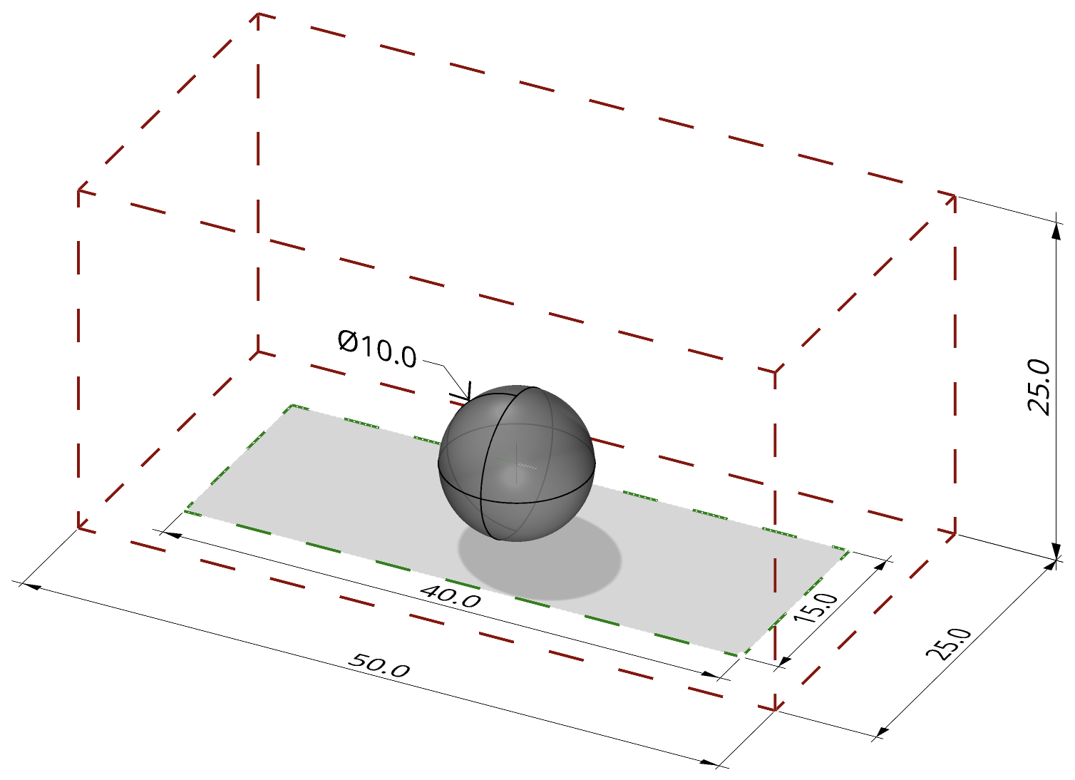 Figure 3: Boundaries of the user study. The building must stay within the red boundary, avoid the spherical object, and be supported in the green zone. Measurements are indicated in metres.
