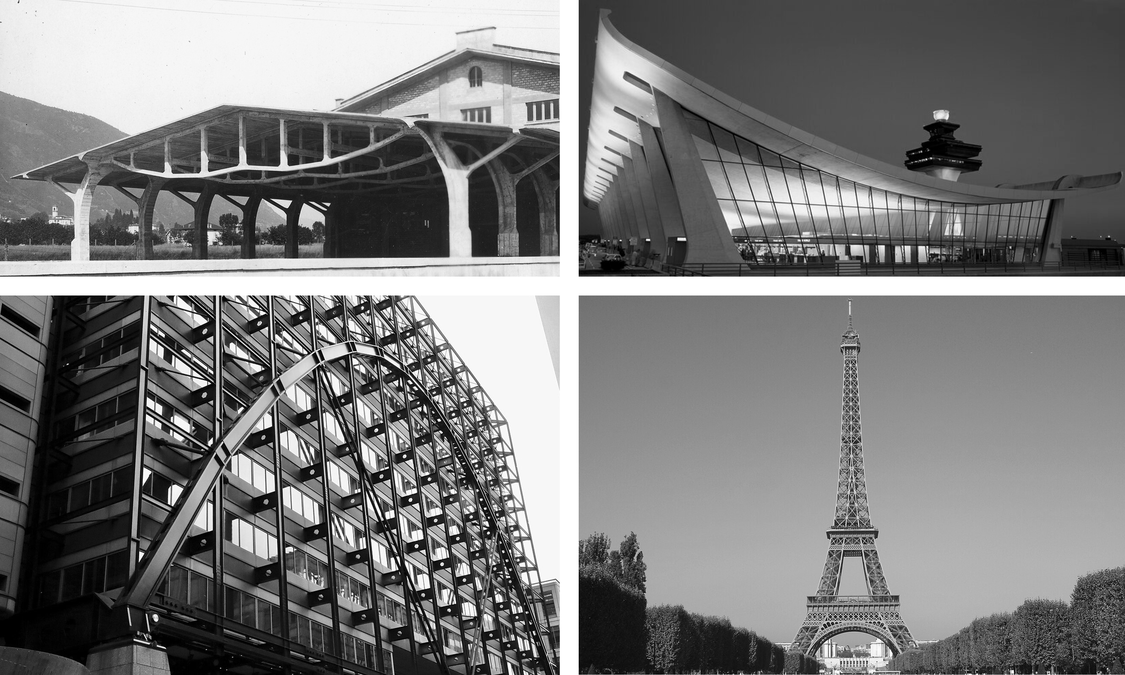 Figure 1: Examples of Billington’s structural art: Chiasso Shed, Switzerland, by Robert Maillart (Photo: ETH-Bibliothek Zürich); Dulles Airport, United States, by Eero Saarinen (Photo: Carol Highsmith); Broadgate Exchange House, United Kingdom, by Skidmore, Owings & Merrill (Photo: Wikimedia Commons); and the Eiffel Tower, France, by Gustave Eiffel (Photo: Wikimedia Commons).
