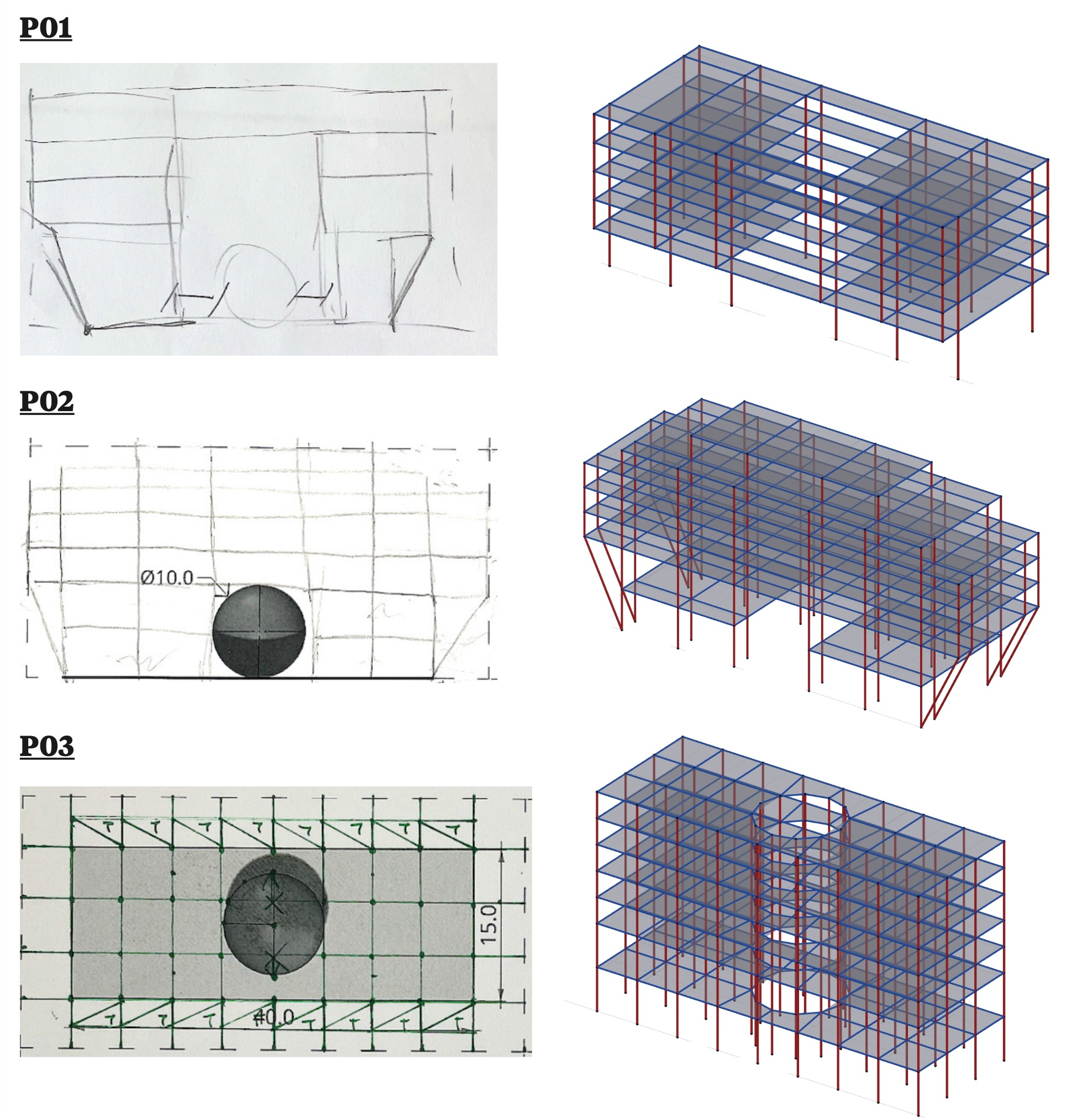Figure 5: Initial sketch and final models co-developed using the AI tool for participants P01, P02 and P03.