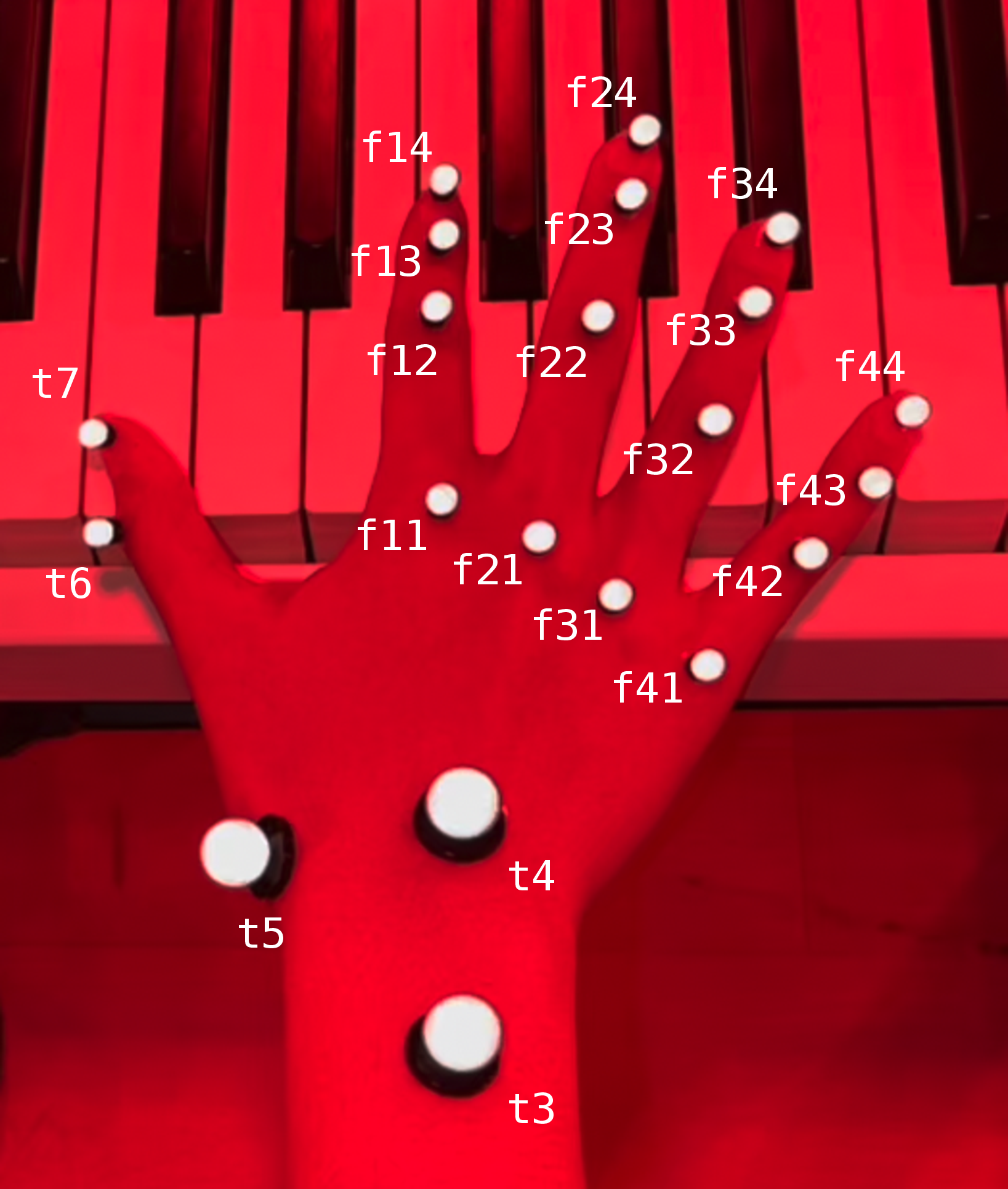 Figure 7: Position of each reflective marker on the subject’s hand, as tracked by the Vicon motion-capture system.