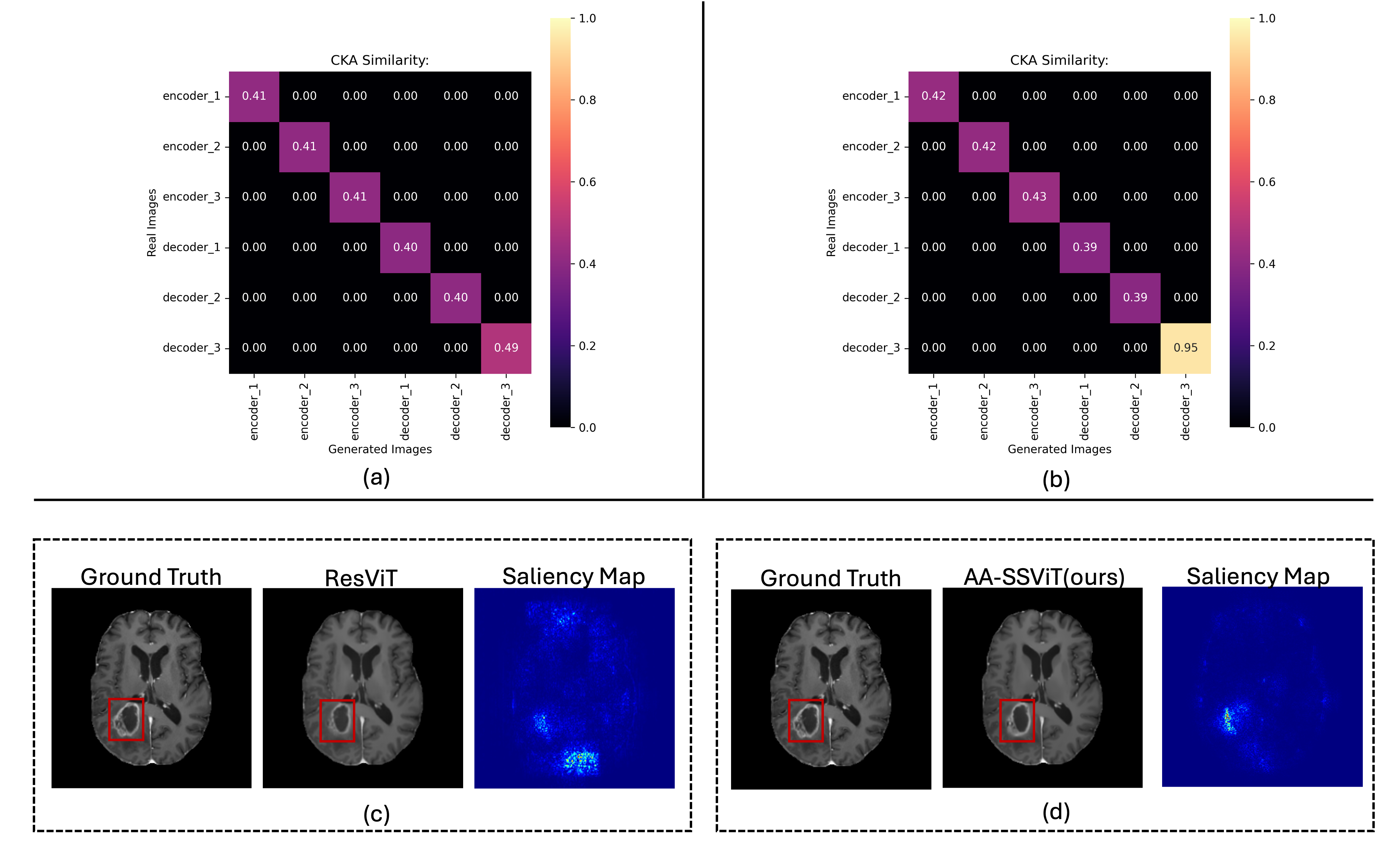 Figure 2: Layer-wise CKA comparison between features extracted from synthesized and real CEMRI images for (a) ResViT and (b) AA-ViT (ours). Saliency comparison: (c) ResViT attends to irrelevant regions, whereas (d) AA-ViT focuses on anatomically important areas needing improvement.