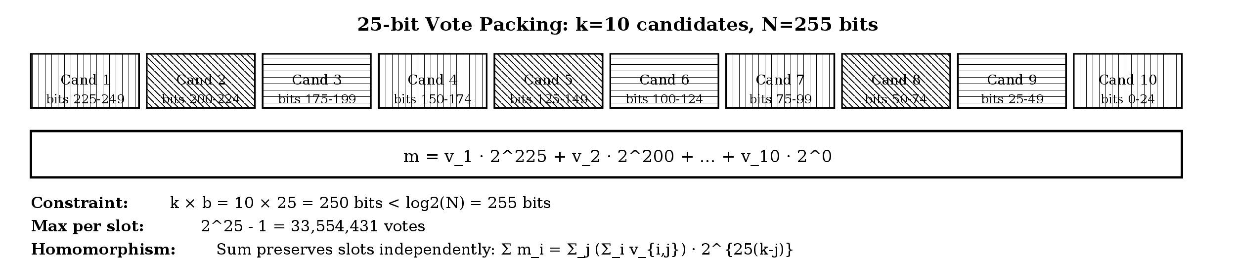Figure 3: Bit packing with the implementation’s b = 25 and k = 10. Each slot is 25 bits, so 10 \times 25 = 250 bits, below \lfloor\log_2 N\rfloor = 254. The maximum count per candidate is 2^{25}-1 = 33{,}554{,}431.