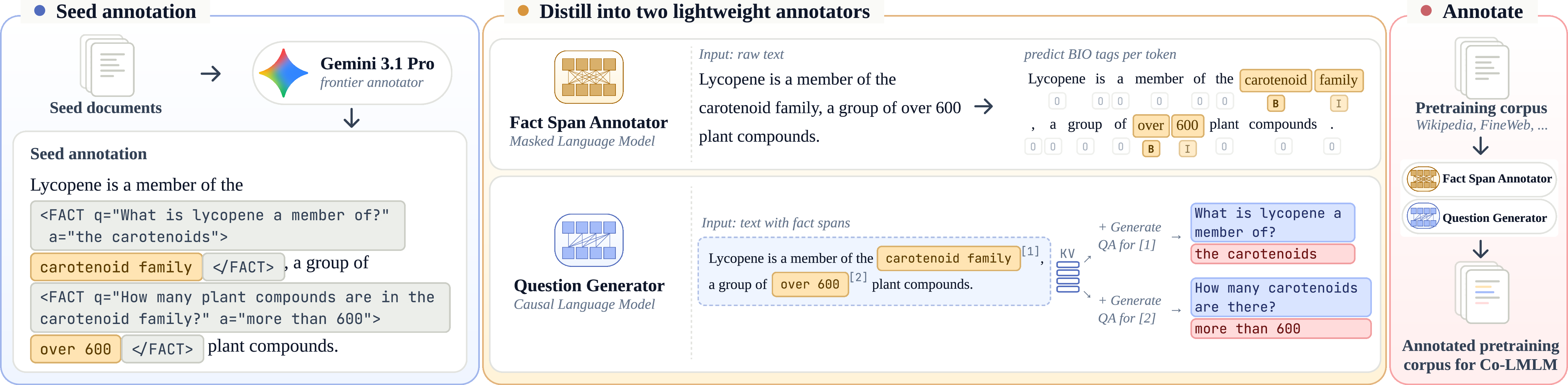 Figure 3: Annotation pipeline. Left: A frontier model annotates a small seed set of documents in the <FACT q=...a=...>span</FACT> format. Middle: We use the seed set to train two lightweight annotators: a fact span annotator that BIO-tags fact spans in raw text, and a question generator that produces a question-answer pair for each span; the document prefix is KV-cached and reused across all spans. Right: We run the two annotator over the full pre-training corpus, converting raw documents into the annotated pre-training corpus for Co-LMLM.
