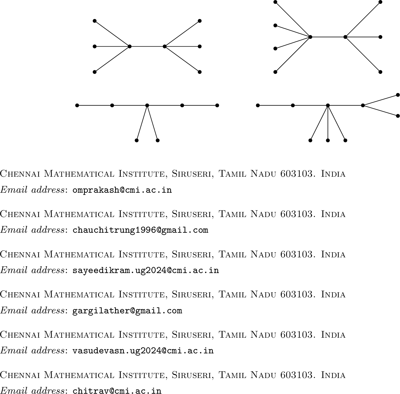 Figure 8: The graphs T_{3,3}, T_{4,3}, T_1, and T_2.