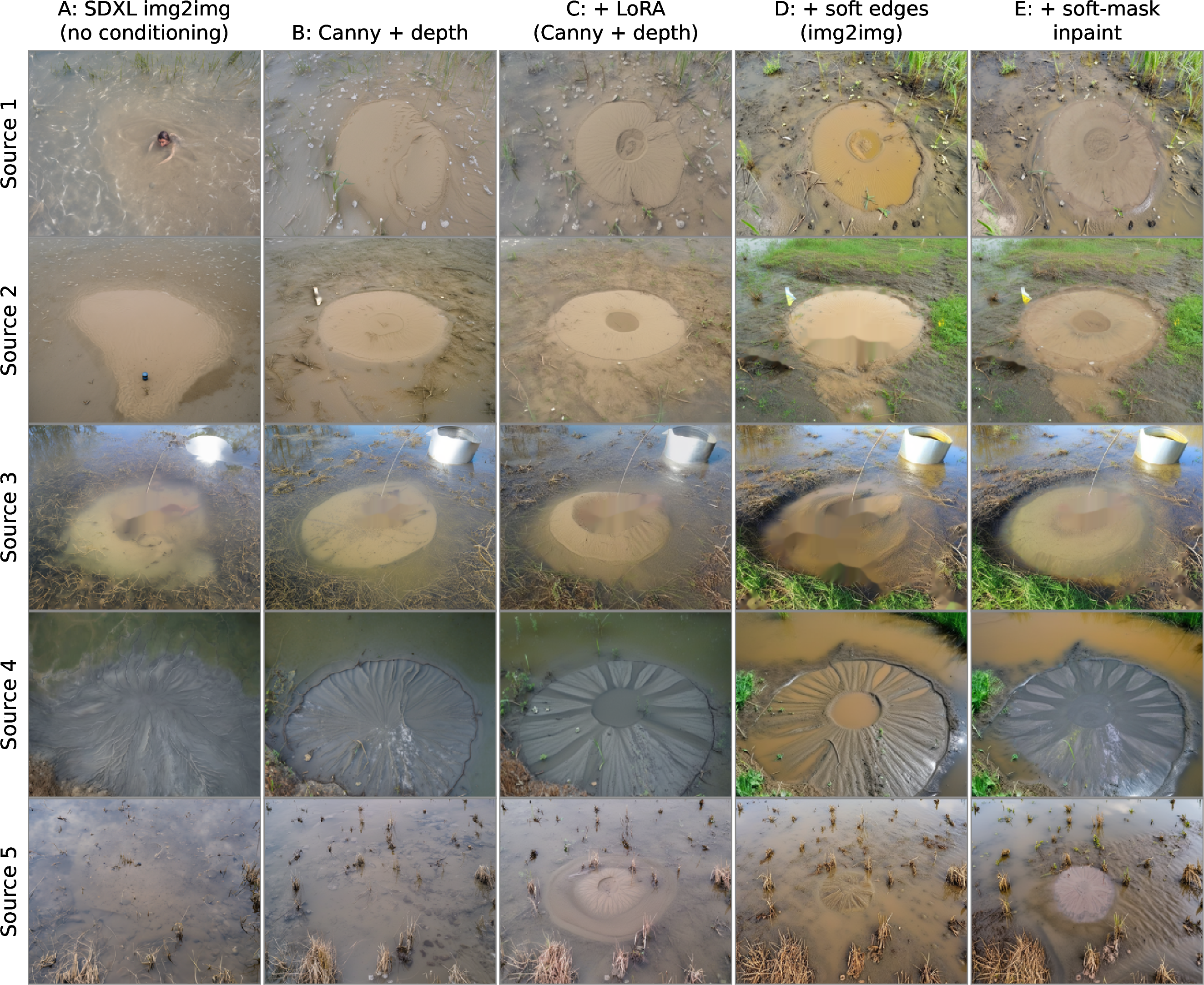 Figure 9: Qualitative outputs of the five generator-pipeline ablation columns on the same five sources, prompts, and seeds. Columns: A SDXL img2img (no conditioning); B Canny + depth; C Canny + depth with the DreamBooth-LoRA adapter; D C plus a soft-edge (HED) ControlNet; E the soft-mask inpainting path of Section 3.5. From A to E, the dome becomes progressively better localised and the rim texture sharper; column E produces the seam-free, dome-preserving outputs selected for the augmented dataset.