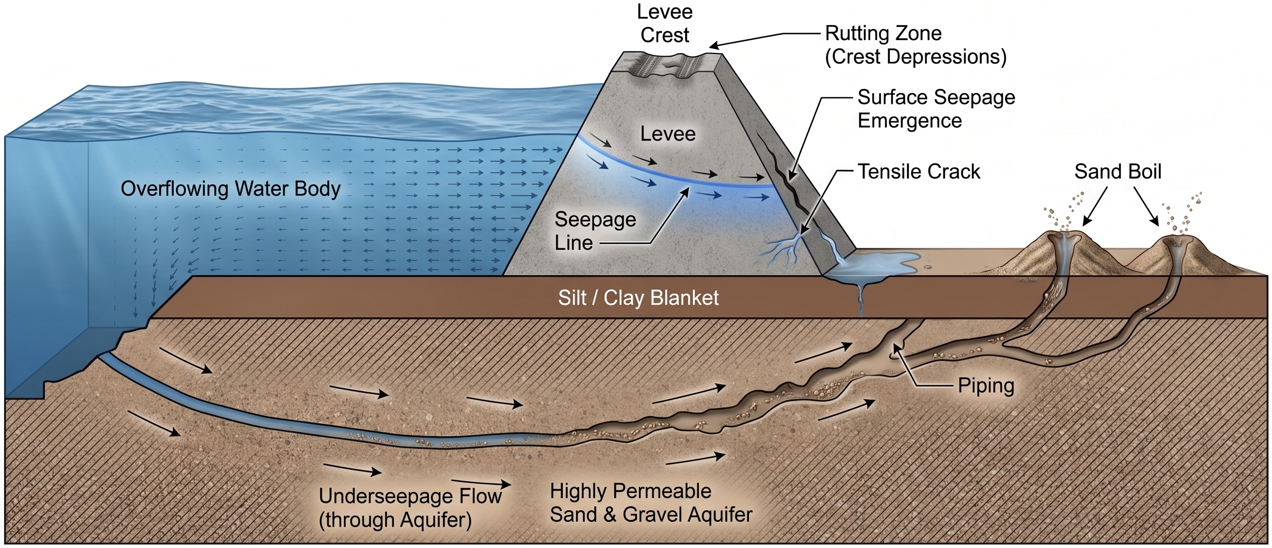 Figure 1: Cross-sectional anatomy of a levee system and the surface defects it produces. High water in the river drives under-seepage through the permeable sand aquifer beneath the silt/clay blanket; where the flow concentrates, it erodes an upward channel (piping) that breaches the blanket and vents sand and water at the surface as a sand boil. The same hydraulic loading drives a phreatic seepage line through the embankment to a landside seepage emergence, while surface deterioration shows up as cracks and rutting on the crest. Sand boils, the early visible stage of internal erosion, are the focus of this paper, though the generation pipeline transfers to the other defect classes (Section 7).