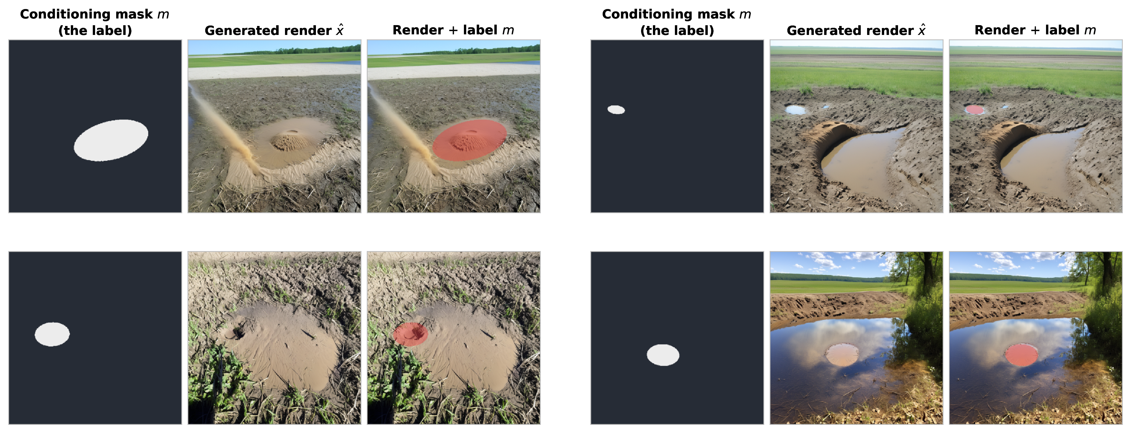 Figure 7: Mask-conditioned generation (MaskCN) as a label-by-construction engine: the conditioning mask m is exactly the segmentation label of the image \hat{x} it produces, so no manual annotation is performed. Each row is a triplet [conditioning mask m (the label) \rightarrow generated render \hat{x} \rightarrow render with m overlaid]. Masks are drawn from the 39-silhouette bank under per-instance jitter, spanning the requested-mask size range from small incipient domes to large mature cones; one mask blob yields one rendered boil. The right column overlays the conditioning mask on the render to show label registration; the overlays are shown verbatim, including imperfect cases, and the quantitative label-drift of these renders under the SandBoilNet-based gate is analysed separately in Section 5.3. The distinct sampler (DPM++ 2M Karras) and mask-only conditioning (no denoising strength, depth, HED, or Canny) distinguish this path from the image-to-image presets of Section 3.8.
