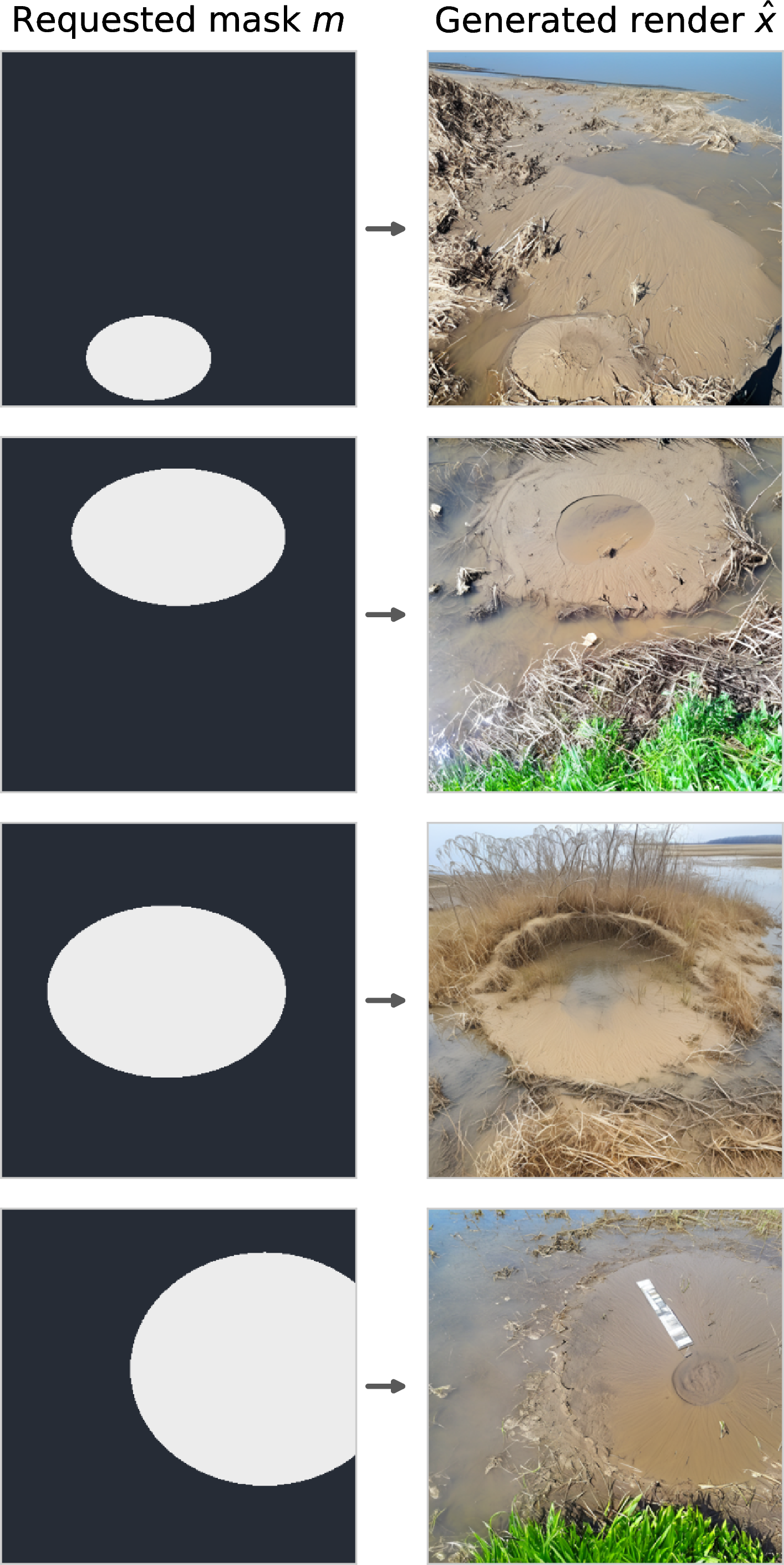 Figure 10: Mask-conditioned ControlNet: controllable generation. Each row pairs a requested binary mask m (left) with the realistic sand boil the model generates at that location (right), across four examples spanning the mask-size range (not cherry-picked). Because the image is generated from the mask, the mask is the ground-truth label by construction. Whether the automated Convex Hull Annotator gate can certify that label on these synthetic renders (where it under- and over-segments, yielding a median mask–render IoU of only 0.15, i.e.large drift) is taken up in the surrounding text.