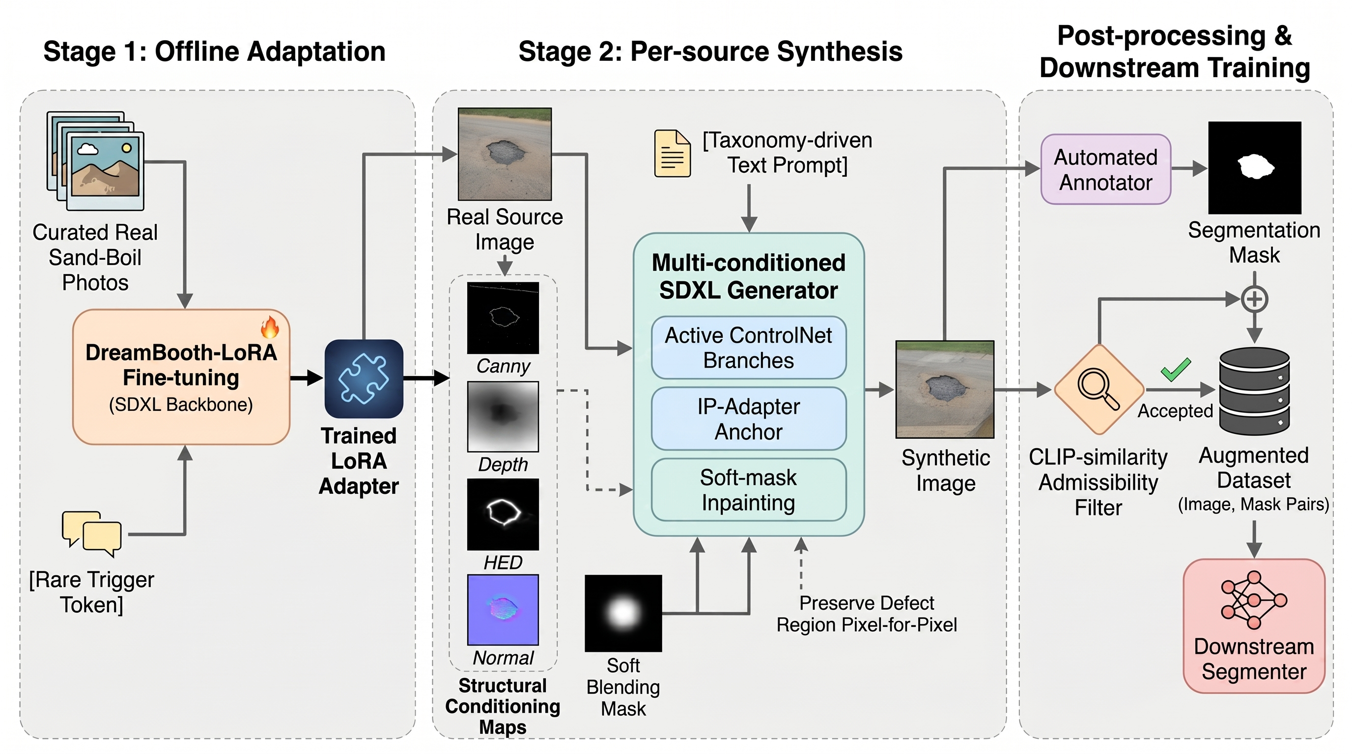 Figure 2: Conceptual overview of the synthesis pipeline. Stage 1 (offline adaptation): a DreamBooth-LoRA adapter is fit once to the curated reference set, anchored by the rare trigger token sbx, and loaded into the synthesis stack. Stage 2 (per-source synthesis): for each real source image, the four-branch ControlNet stack (Canny, monocular depth, HED soft edges, and surface normal) and a soft blending mask are extracted; the multi-conditioned SDXL generator activates a preset-specific subset of the ControlNet branches, together with an IP-Adapter style anchor and soft-mask inpainting, and re-renders the surrounding scene while preserving the real defect region pixel-for-pixel (the selected V4 preset uses HED soft edges and surface normal). Post-processing: each synthetic image is paired with a mask by the Convex Hull Annotator and passed through the CLIP admissibility filter (Section 3.9); accepted (image, mask) pairs enter the augmented dataset used to train the downstream segmenter.