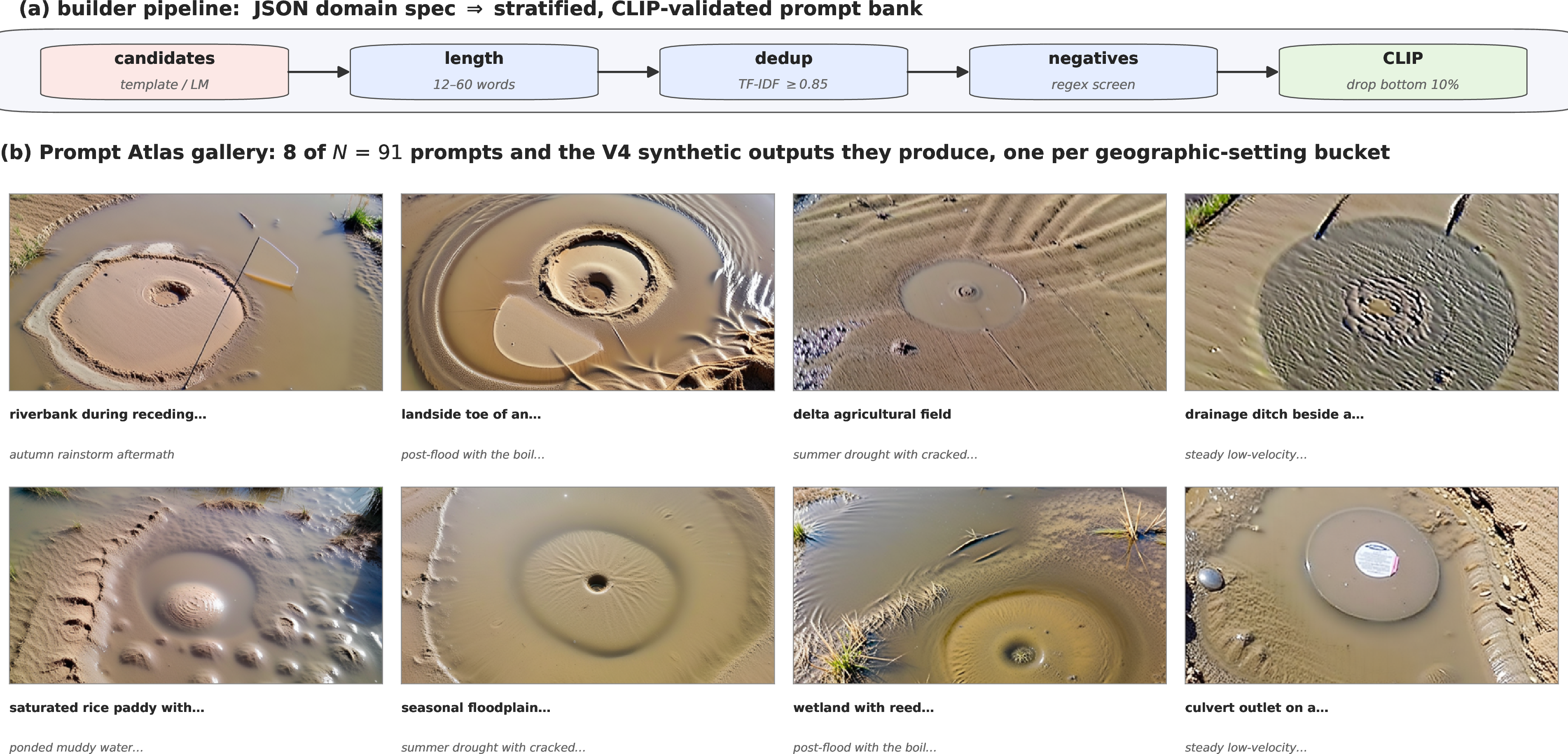 Figure 8: The sand boil v1 Prompt Atlas, presented as a visual catalogue. (a) Builder pipeline. A JSON domain specification is expanded into candidate prompts (by template substitution or a small open-weight language model) and then passed through a length filter, a sparse TF–IDF de-duplication, a negative-concept regex screen, and a CLIP image–text validation against the exemplar embedding. The builder is reproducible from the specification alone and ports to a new defect class by writing a new specification file with no code change. (b) Atlas gallery. Eight of the N\!=\!91 production prompts paired with the V4 synthetic outputs they generate (one image per prompt, all from the same generator and identical scheduler/CFG), one per geographic-setting bucket in the taxonomy. Each caption gives the prompt’s primary axis value (bold) and one secondary axis value (italic) so the reader can map an output back to the stratification cell that produced it. The visual variety is the operational meaning of the atlas: a fixed defect geometry rendered under controlled scene variation. The per-prompt CLIP score distribution (\mu\!=\!0.295 \pm 0.015, p_{10}\!=\!0.276, yield 102\!\to\!91) is reported in the text.