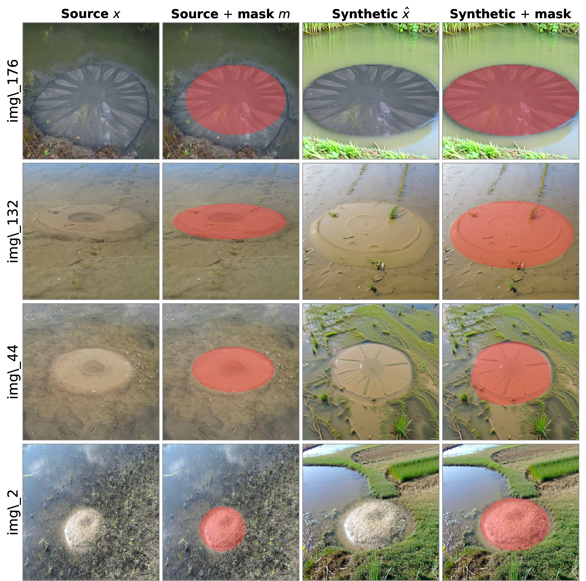 Figure 12: Source-paired synthetic outputs (one source per row). Columns: real source x; x with ground-truth mask m overlaid; synthetic \hat{x} produced under the soft-mask inpainting preset; \hat{x} with its synthetic mask overlaid. The dome geometry is preserved between x and \hat{x} by the soft-mask path (Section 3.5); the surrounding scene varies under Prompt Atlas conditioning. Synthetic masks shown are human-verified corrections; Convex Hull Annotator is the default label for uncorrected samples.
