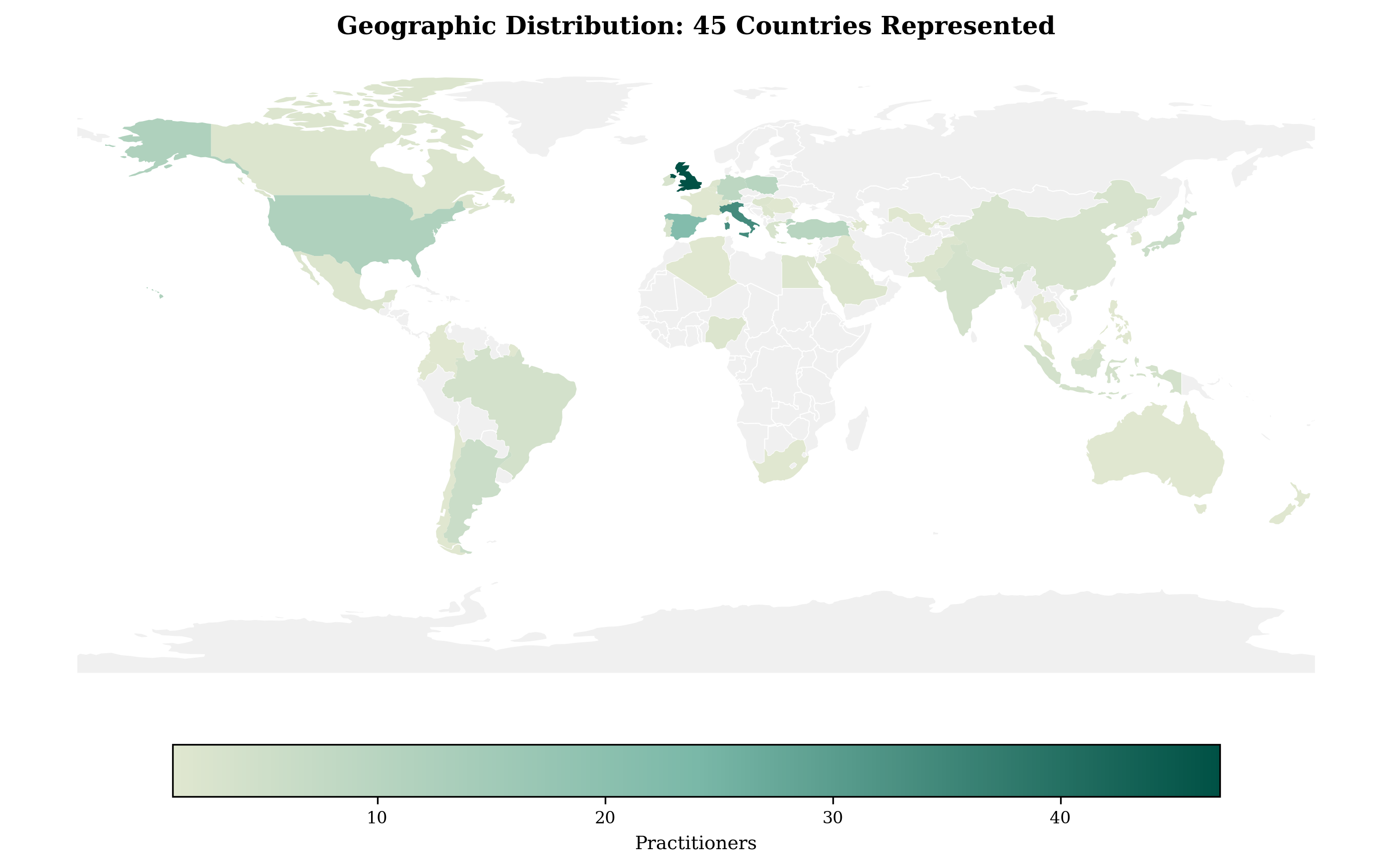 Figure 6: Geographic distribution of the N = 221 retained practitioners across 45 countries. Shading intensity is proportional to the number of practitioners based in each country. While the cohort is anchored in Europe (Table 25), the remaining practitioners span every populated continent.
