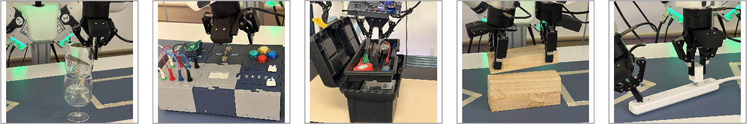 Figure 2: Real-world evaluation tasks. Left to right: Glassware Stacking, the BusyBox benchmark [29] (Slider, Button, Wire Pull), Toolbox Packing, Jenga Stacking, and Plug Insertion.