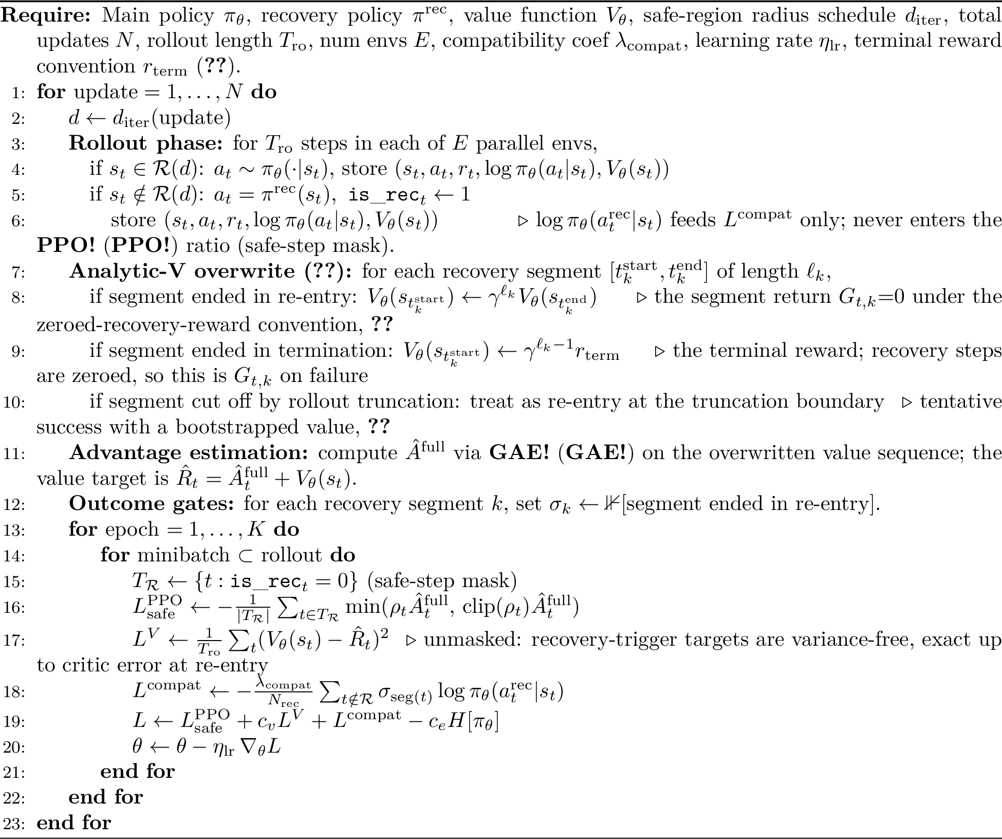 Figure 2: SafeExplorer: PPO with safe-step masking, analytic recovery V, and hard C_\theta(\tau).