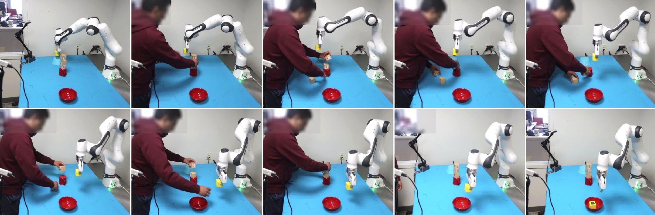 Figure 7: Sequential keyframes from the human–robot shared workspace trial. The robot transports a yellow cube from the left side of the workspace and places it into a bowl on the right, while a human operator simultaneously performs an independent task—de-stacking a disordered pile of cubes and reassembling them. Throughout the task, the robot actively avoids collisions with both the environment and the human, demonstrating the method’s effectiveness in a dynamic, shared workspace.