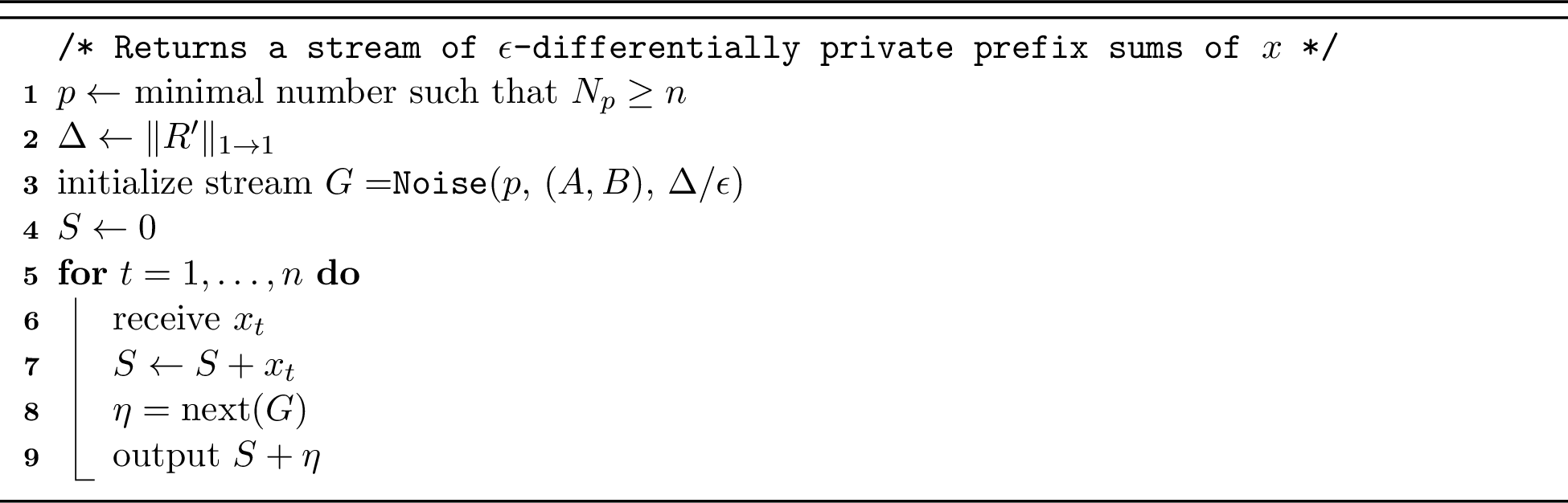 Figure 4: PureDPContinualCounting(input stream x, n, \epsilon, base factorization (A,B))
