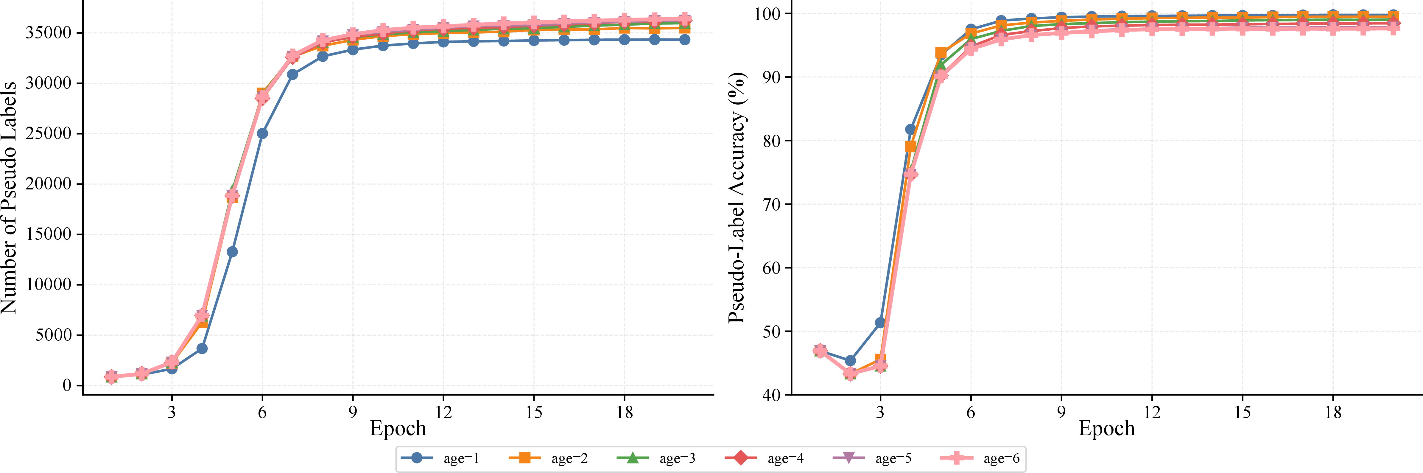 Figure 5: Number of pseudo-labels and accuracy under different maximum label age settings.