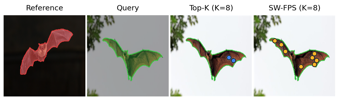 Figure 3: Prompt placement: Top-K vs.SW-FPS. Top-K (blue) collapses all K\!=\!8 prompts onto the argmax of the similarity map, whereas SW-FPS (orange) disperses the prompts across the target region, guiding SAM toward a more complete target mask. The ground-truth boundary is shown in green.