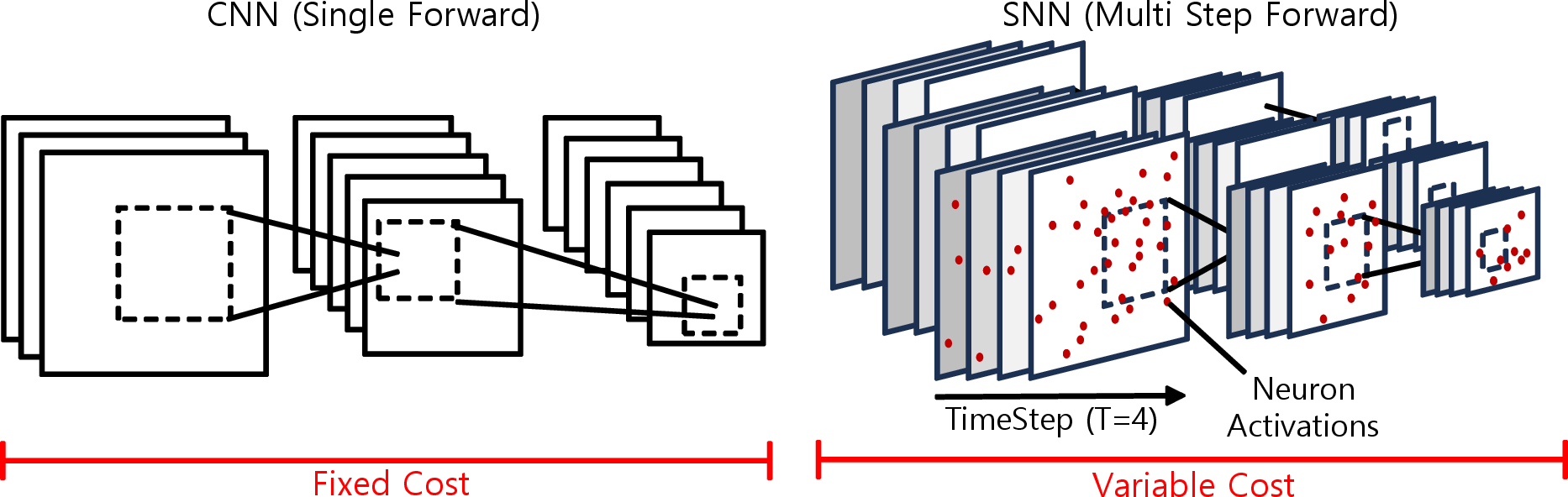 Figure 1: Comparison of computation paradigms in CNNs and SNNs. CNNs exhibit relatively fixed per-input computation, whereas SNNs process temporal event streams with input-dependent execution behavior.