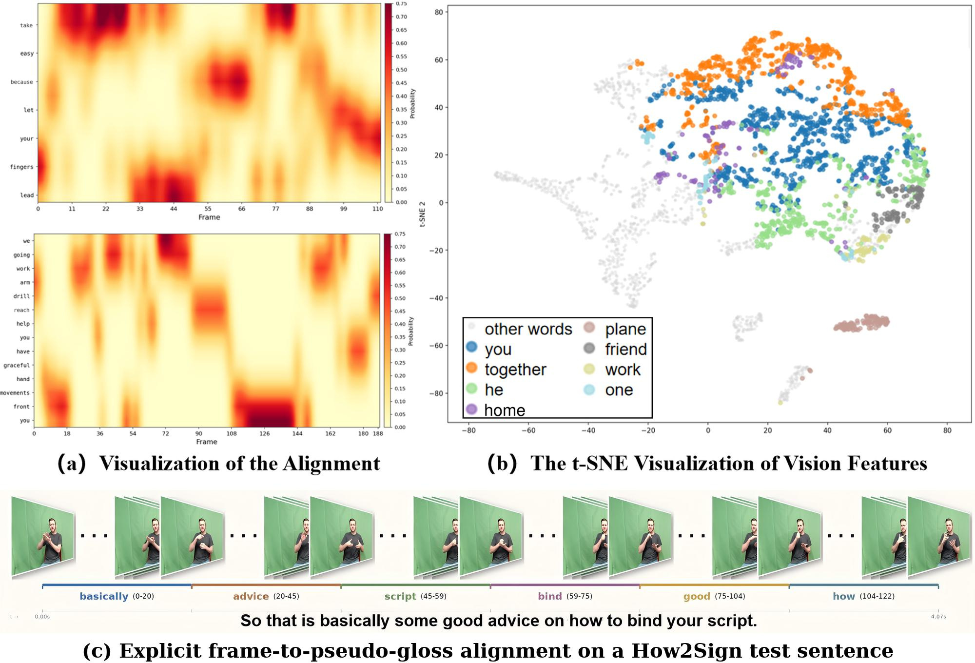 Figure 4: Qualitative analysis on How2Sign [5] test samples. (a) OT transport plans from VTaMo’s Sinkhorn solver: rows are visual frames and columns are pseudo-gloss tokens, with darker cells indicating higher transport mass; the block-diagonal structure reflects temporally coherent frame-to-token correspondences while the null token absorbs transitional frames. (b) t-SNE of visual features, colored by semantic category, forming distinct clusters. (c) Explicit frame-to-pseudo-gloss alignment on a test sentence: each colored interval marks the contiguous video segment assigned to a predicted content token, with representative frames shown above the timeline.