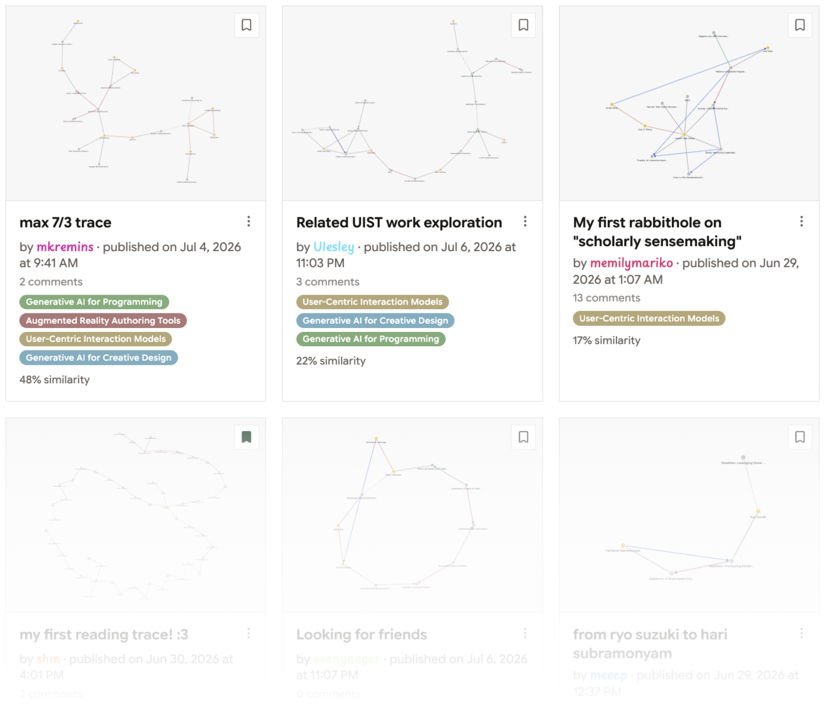 Figure 3: Published traces in the Trace Library, shown as cards with graph previews and continent tags, sorted by similarity to the signed-in reader’s trace.