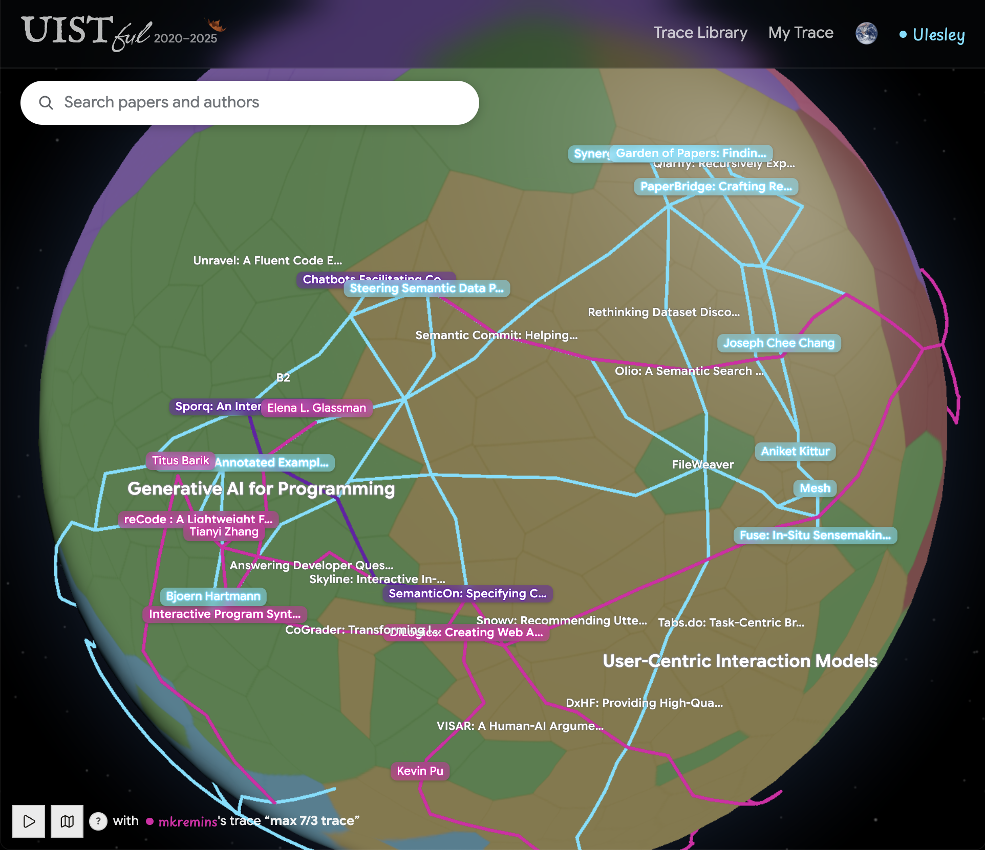 Figure 4: The Globe showing the signed-in reader’s trace in light blue and a published trace in magenta. Overlapping nodes and edges appear in purple.