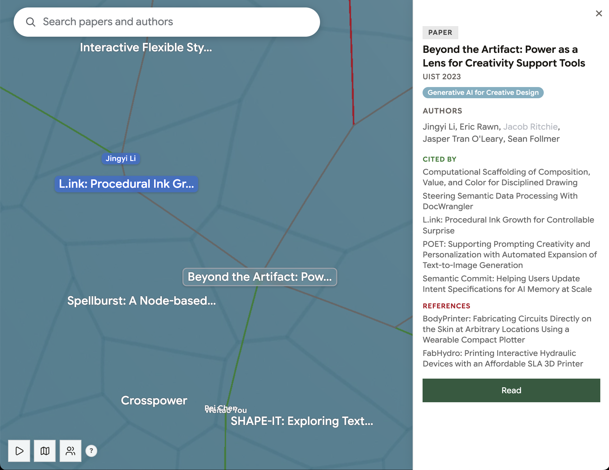 Figure 1: The UISTful Globe zoomed in on the selected paper, showing its links to neighboring papers and authors, with a side panel displaying metadata, authors, citations, and a button to read the full paper page.