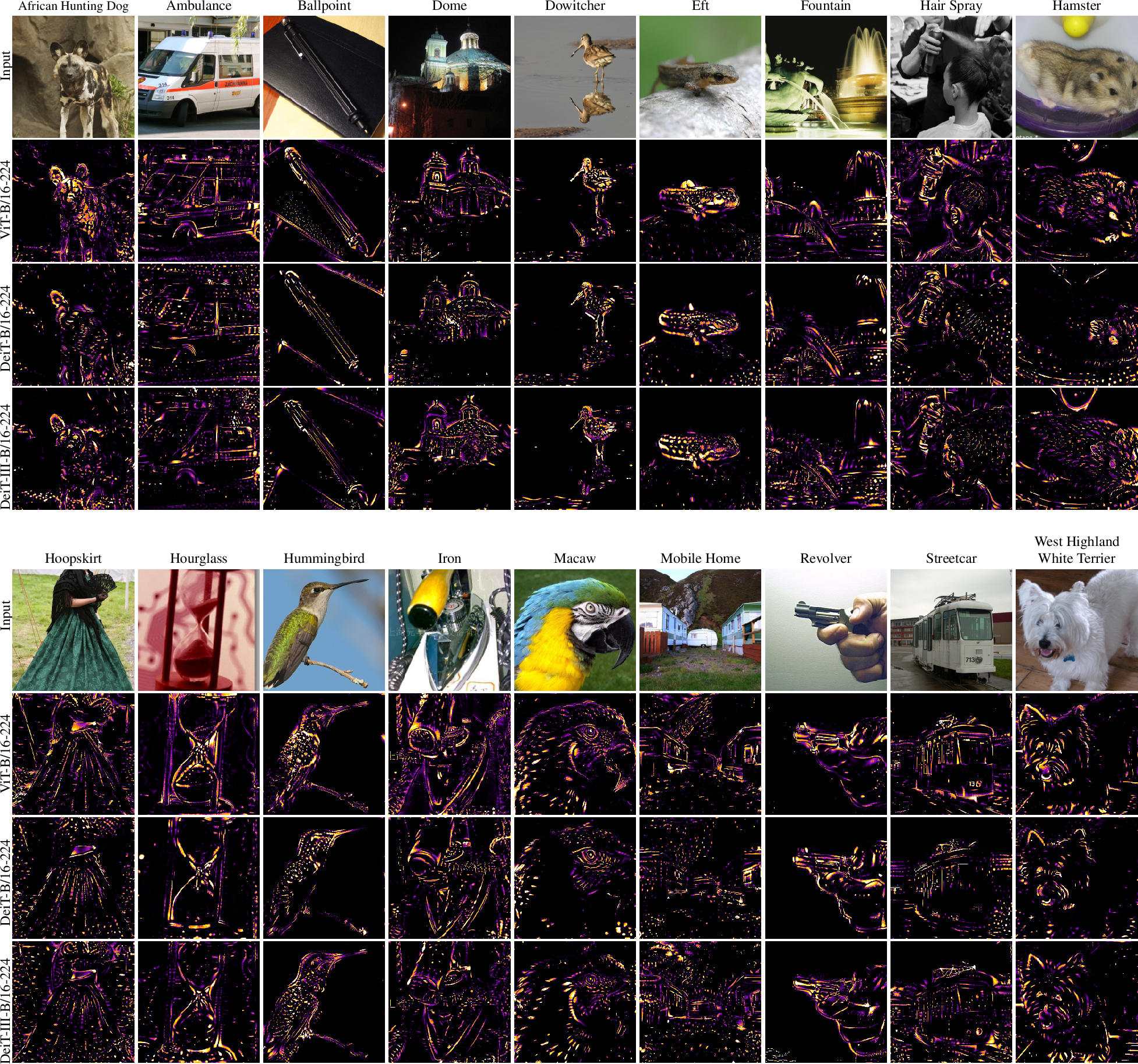 Figure 19: Comparison of class-token representations across different ViT architectures. For each ImageNet-1K validation sample, we visualize spatial maps derived from the class tokens extracted immediately before the final classification layer of ViT-B/16-224, DeiT-B/16-224, and DeiT-III-B/16-224. These maps reveal how information from image patches is aggregated into the global image representation used for recognition. Although the models often encode similar semantic cues, notable differences can be observed in the spatial distribution and concentration of the highlighted regions. Such variations reflect architecture-specific strategies for integrating local visual evidence into a compact class-level embedding.