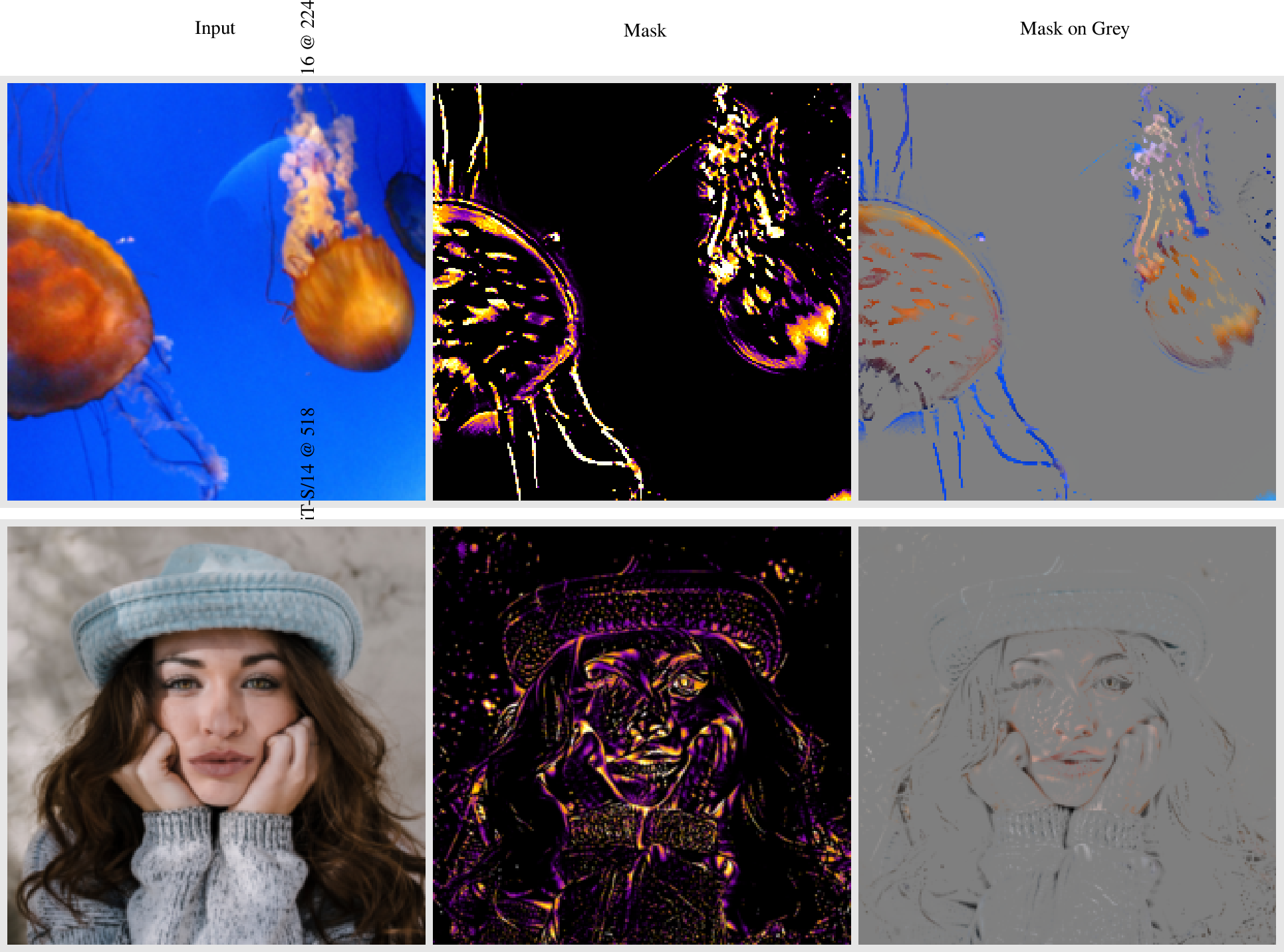 Figure 1: Sufficiency-based saliency across scales and architectures. SEAMS identifies compact image regions that are sufficient to preserve a selected model representation. Top: ImageNet image analysed with a supervised ViT-S/16 encoder. Bottom: DIV2K image analysed with a self-supervised DINOv2 ViT-S/14 encoder. From left to right: original image, optimised soft mask, and the corresponding saliency overlay. Despite differences in image resolution, training paradigm, and architecture, the same optimisation framework consistently identifies a small subset of pixels sufficient to preserve the target representation.