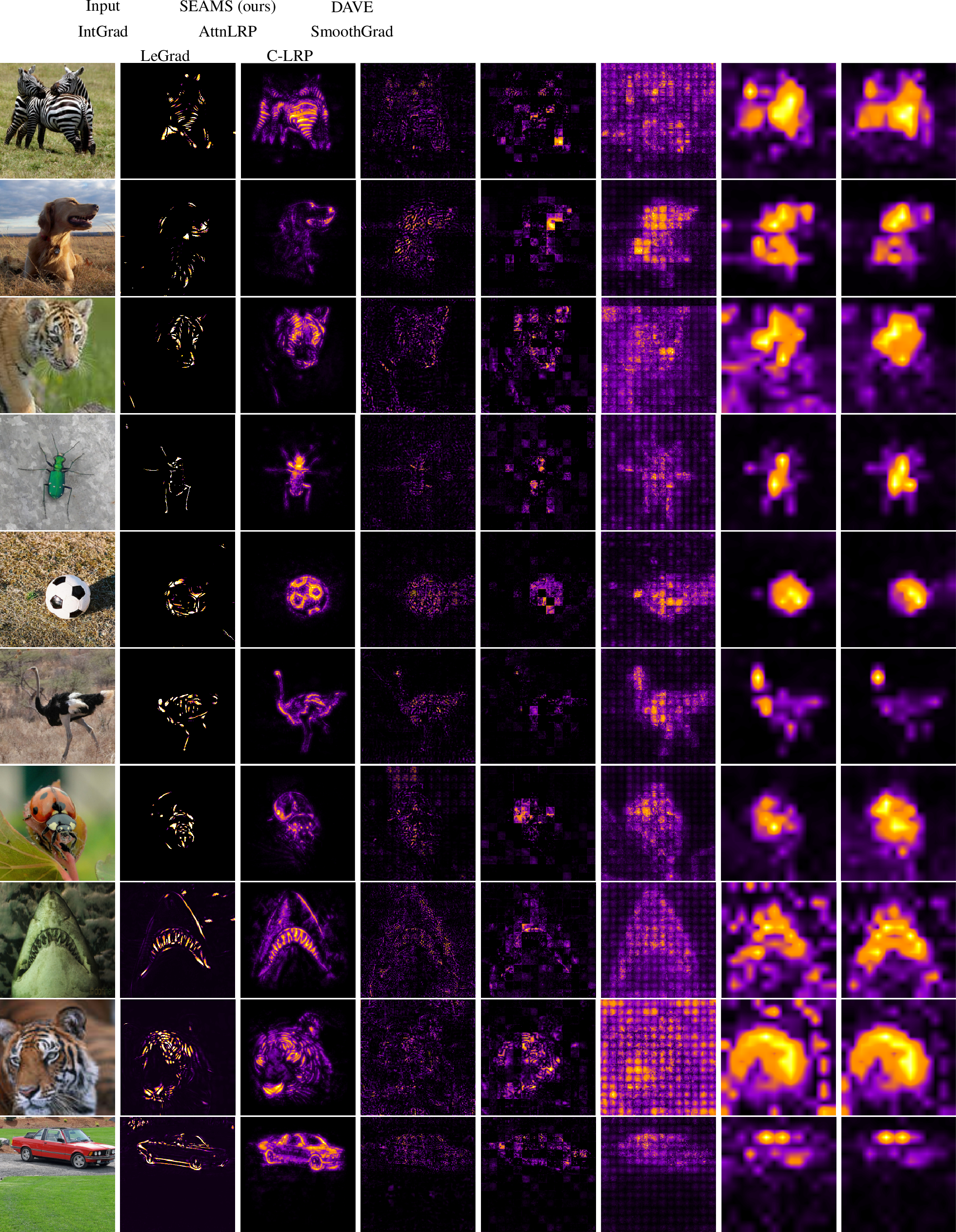Figure 20: Comparison between SEAMS and post-hoc attribution methods using a DINO ViT-B/16-224 backbone. For selected ImageNet-1K validation examples (rows), we display the input image (left) alongside attribution maps generated by C-LRP (Chefer-LRP), LeGrad, SmoothGrad, AttnLRP, IntGrad (Integrated Gradients), DAVE, and SEAMS (columns). Both DAVE and SEAMS deliver sharper, more object-aligned, and spatially coherent explanations with significantly fewer patch-grid artifacts than prior techniques. Notably, compared to DAVE, SEAMS produces sparser, binary activations that pinpoint only the most critical regions.