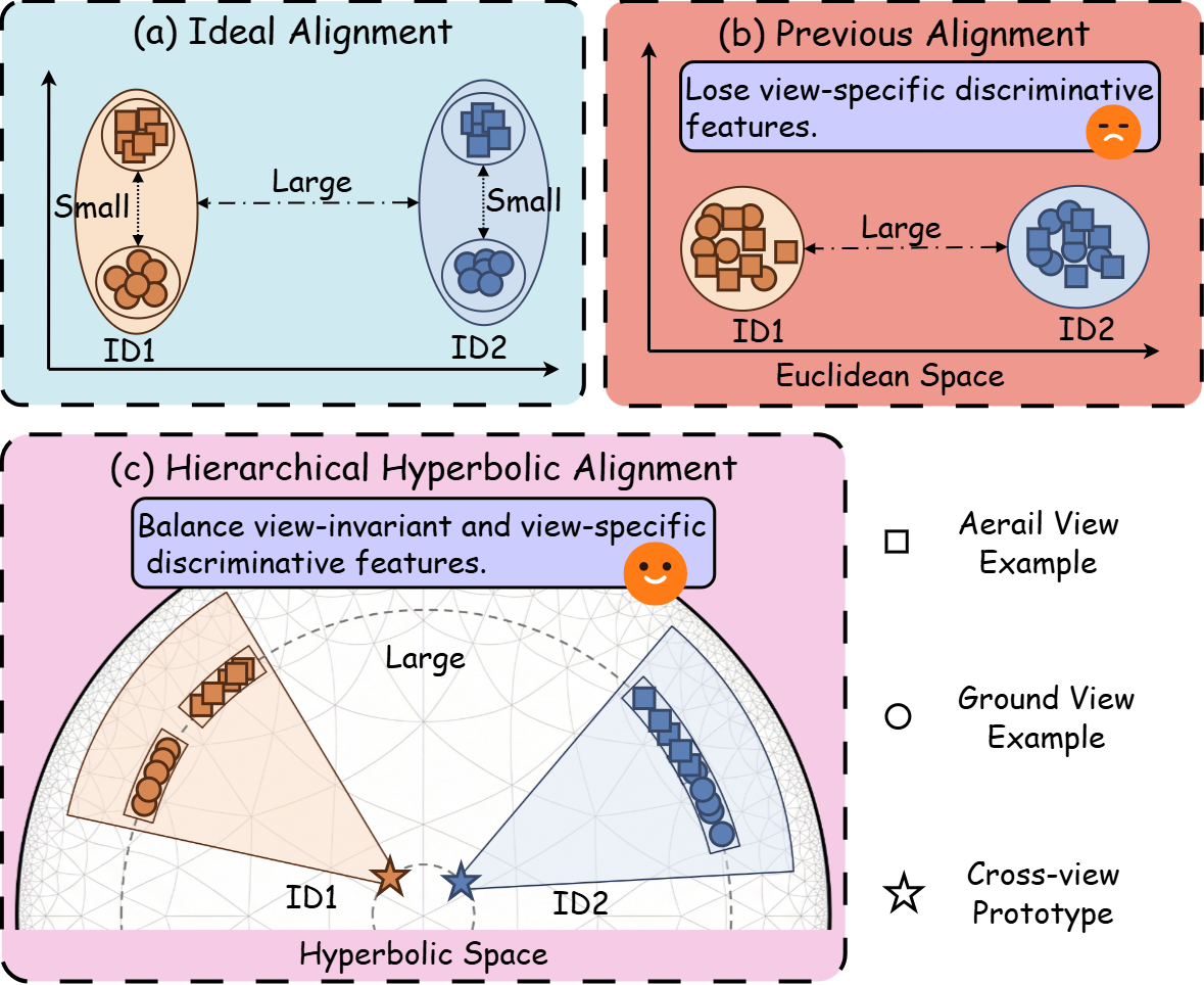 Figure 1: Illustration of our motivations and proposed framework. (a) The ideal alignment clusters examples of the same identity nearby while different identities far apart. (b) Previous alignments in Euclidean space align cross-view samples directly and may suppress view-specific discriminative cues. (c) Our hierarchical hyperbolic alignment keeps a hierarchical separability and view-specific discriminative cues.